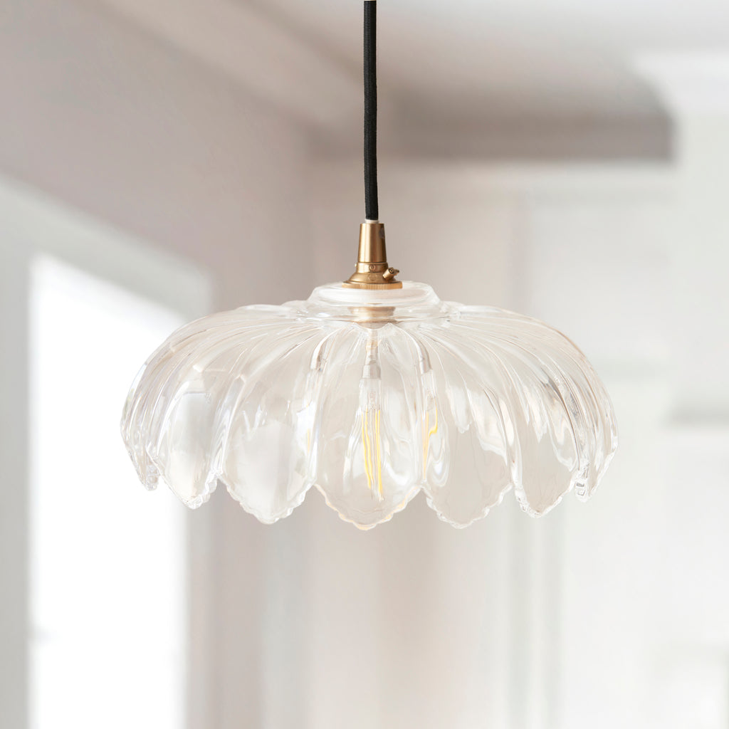 Endon Eltham and Camellia Pendant Light Clear Glass, Brushed Aged Brass and Black Braided Flex