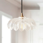 Endon Eltham and Camellia Pendant Light Clear Glass, Brushed Aged Brass and Black Braided Flex