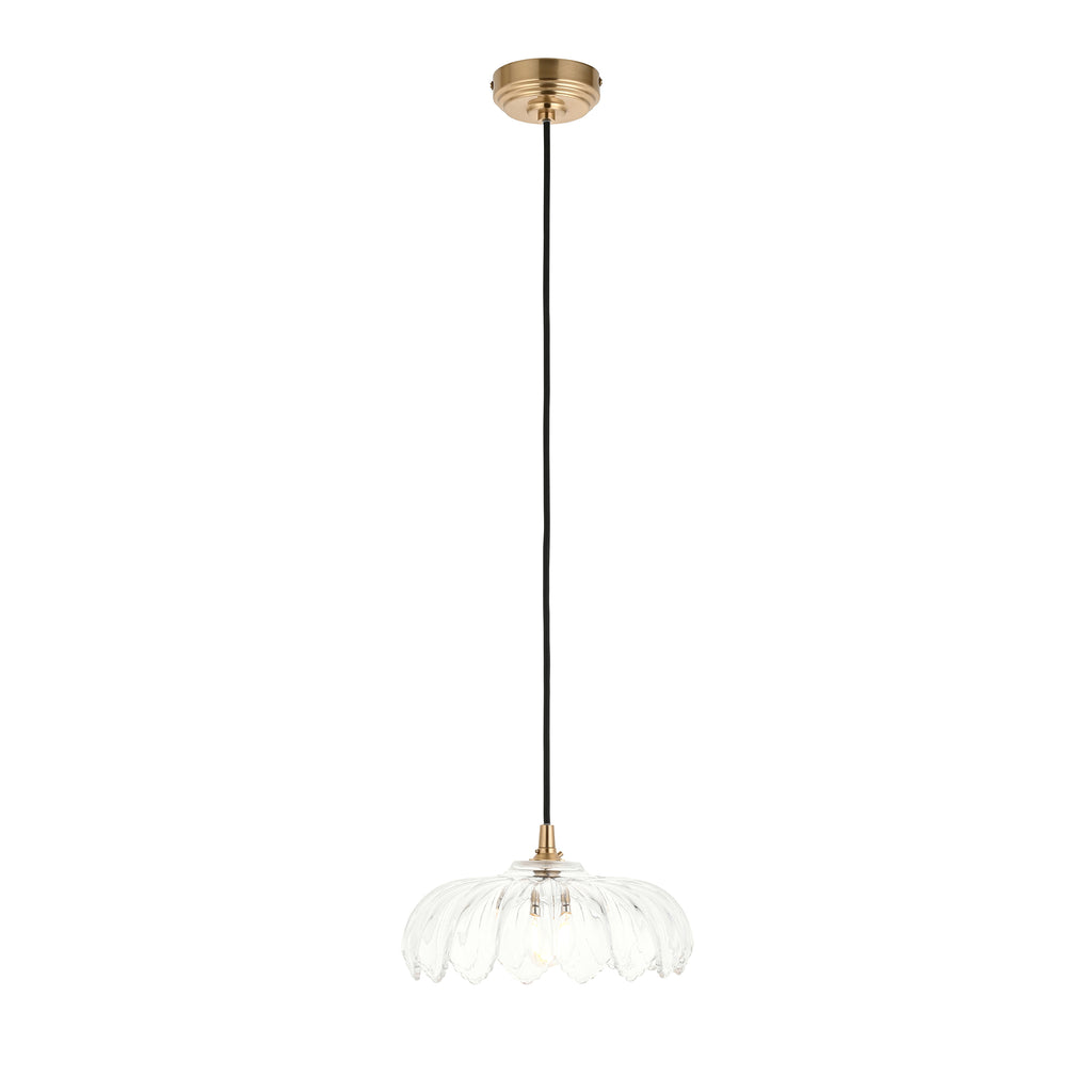 Endon Eltham and Camellia Pendant Light Clear Glass, Brushed Aged Brass and Black Braided Flex