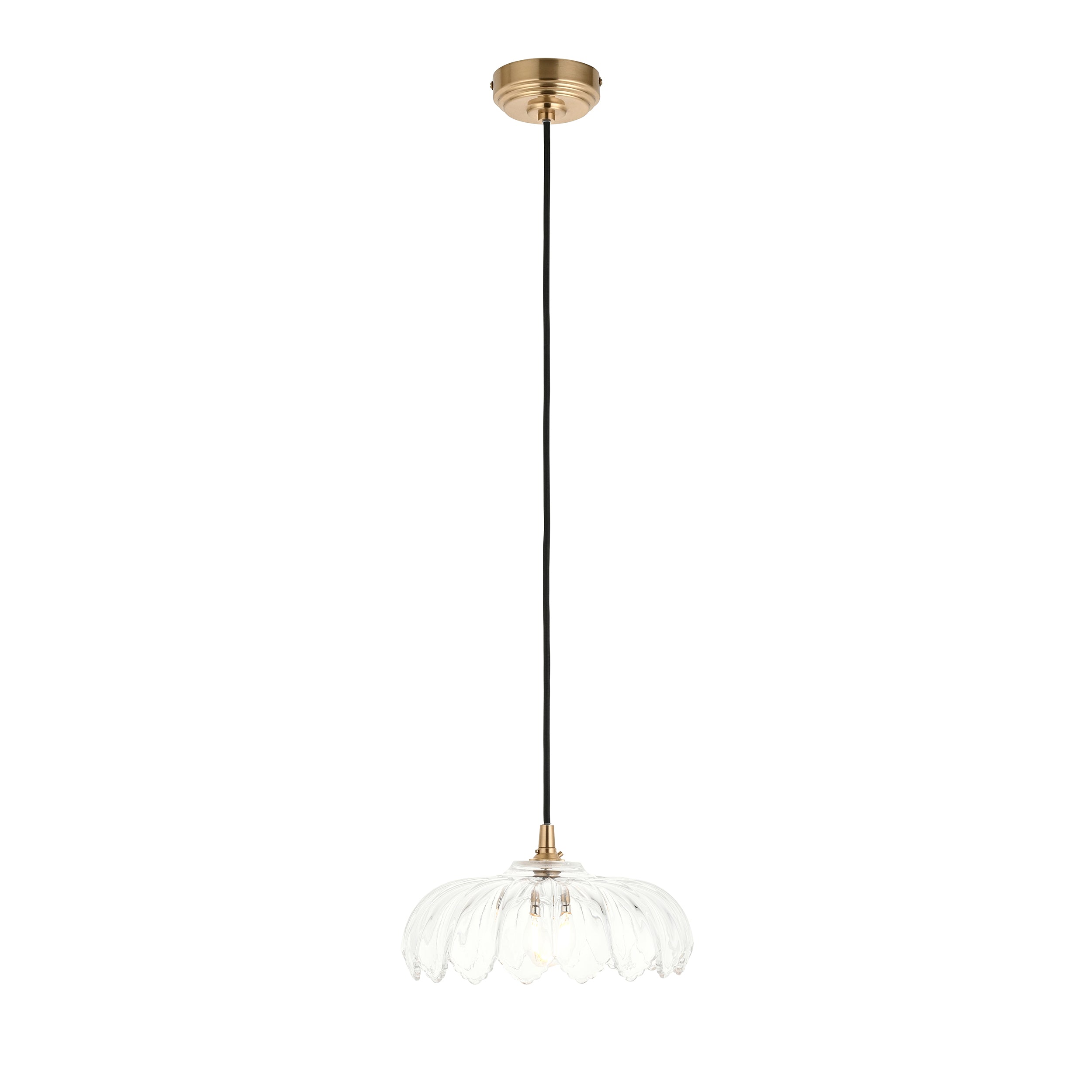 Endon Eltham and Camellia Pendant Light Clear Glass, Brushed Aged Brass and Black Braided Flex