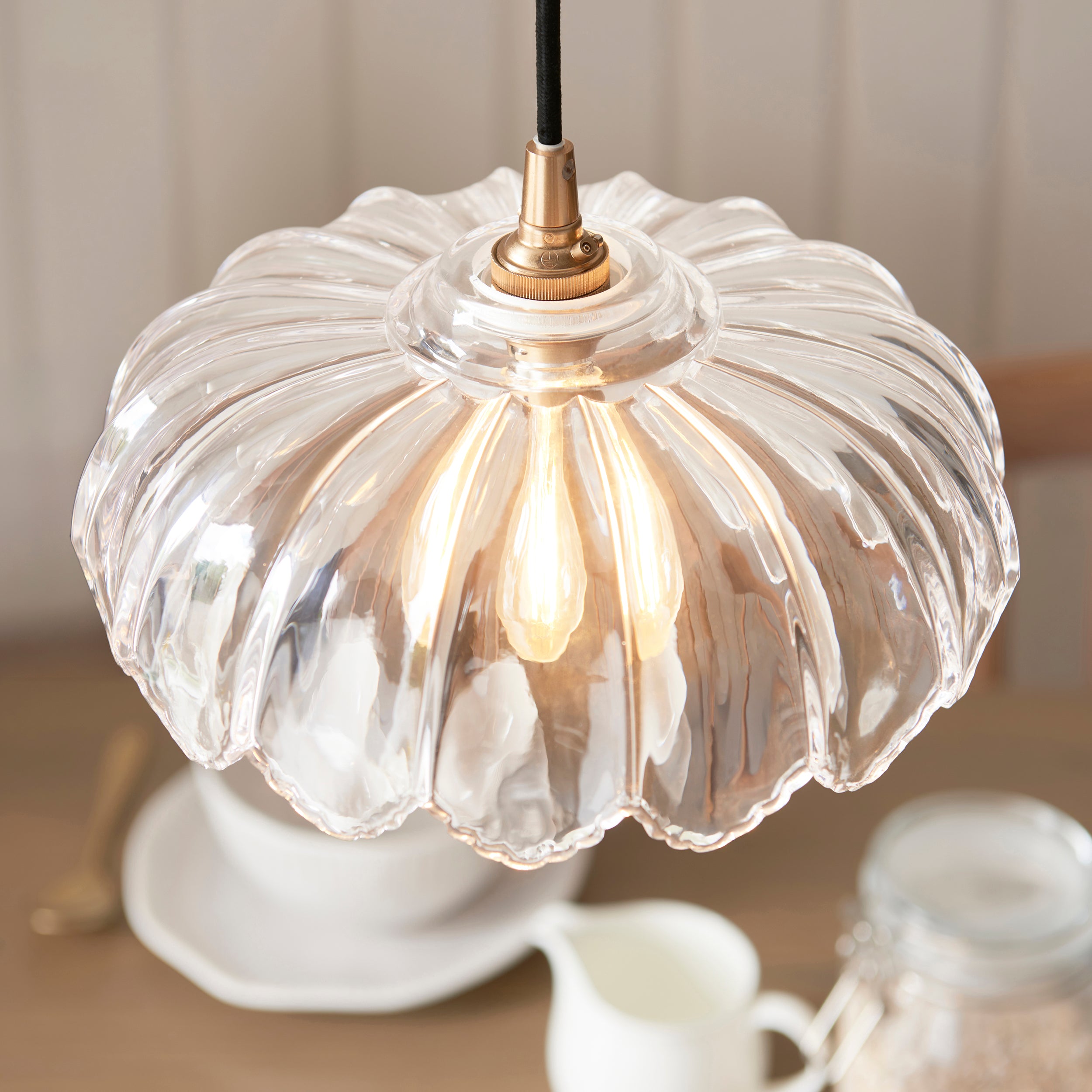 Endon Eltham and Camellia Pendant Light Clear Glass, Brushed Aged Brass and Black Braided Flex