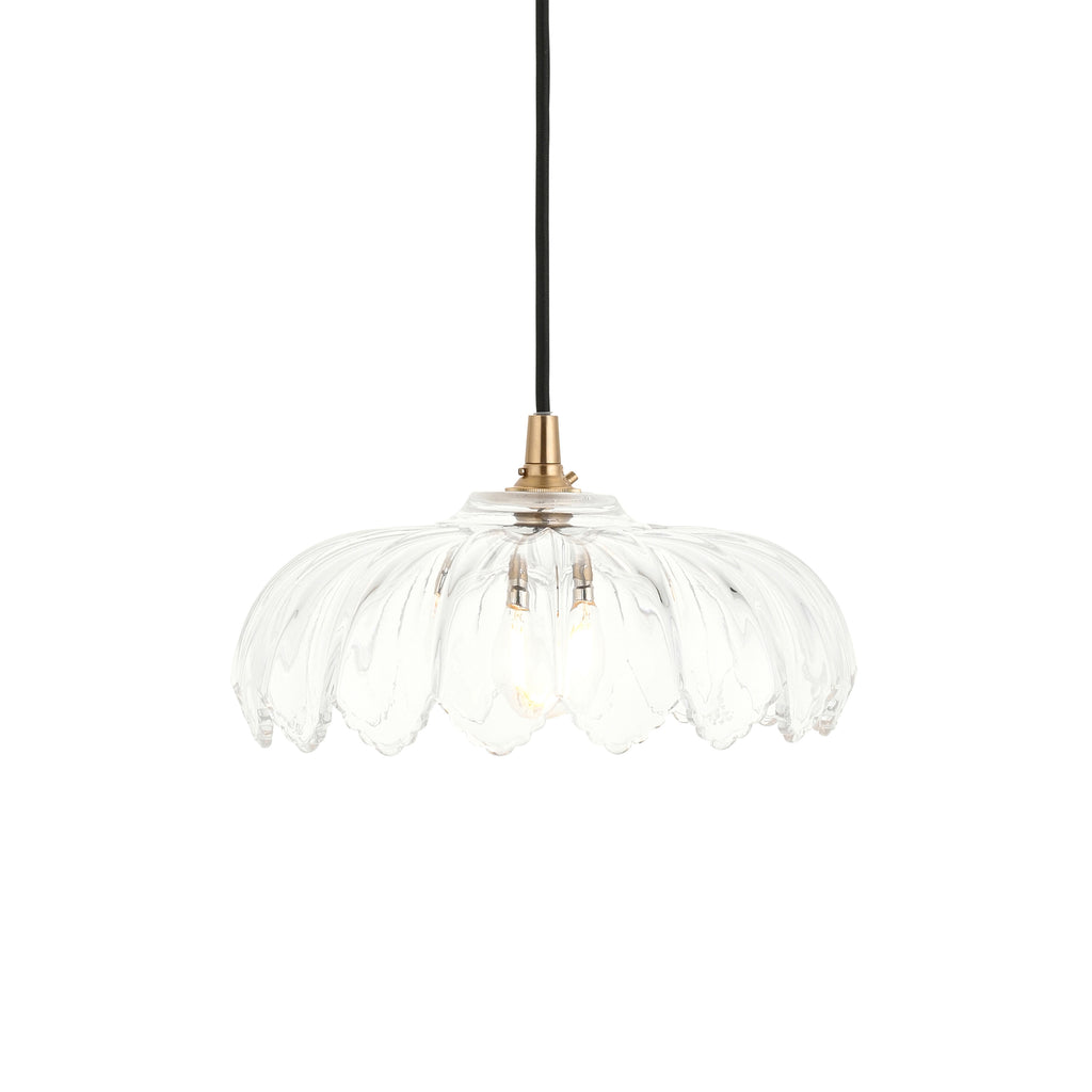 Endon Eltham and Camellia Pendant Light Clear Glass, Brushed Aged Brass and Black Braided Flex