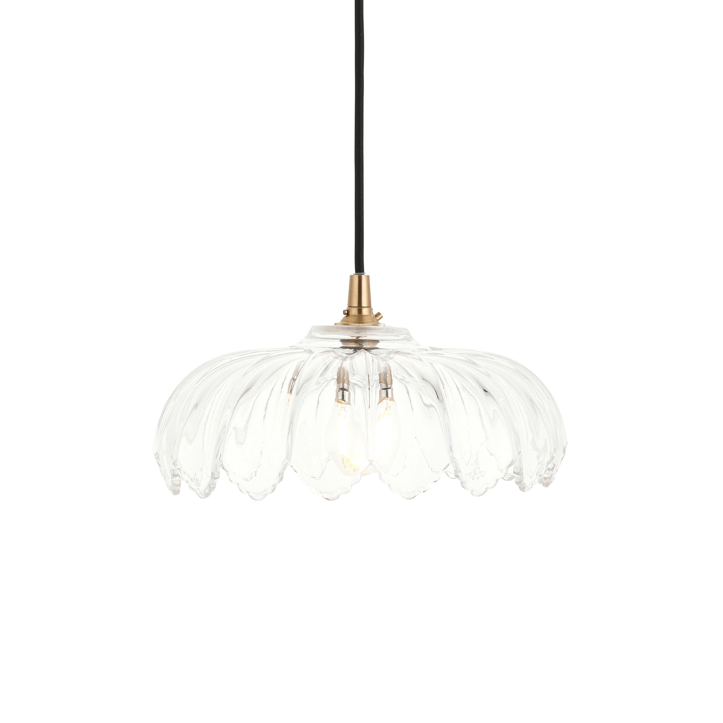 Endon Eltham and Camellia Pendant Light Clear Glass, Brushed Aged Brass and Black Braided Flex