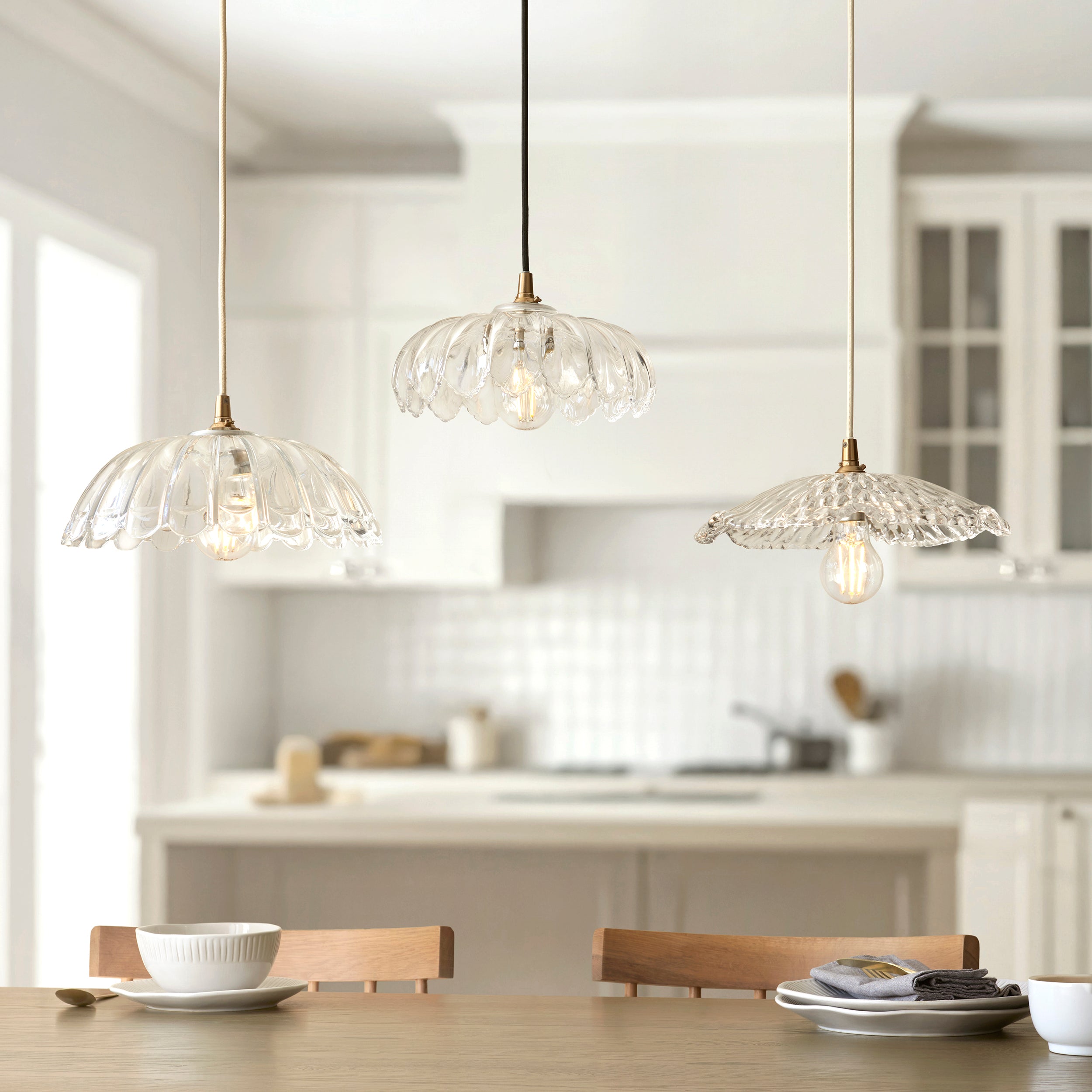 Endon Eltham and Camellia Pendant Light Clear Glass, Brushed Aged Brass and Black Braided Flex
