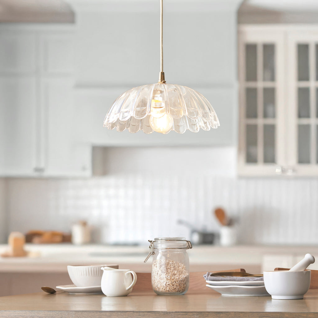 Endon Eltham and Carnation Pendant Light in Brushed Aged Brass with Clear Glass Shade