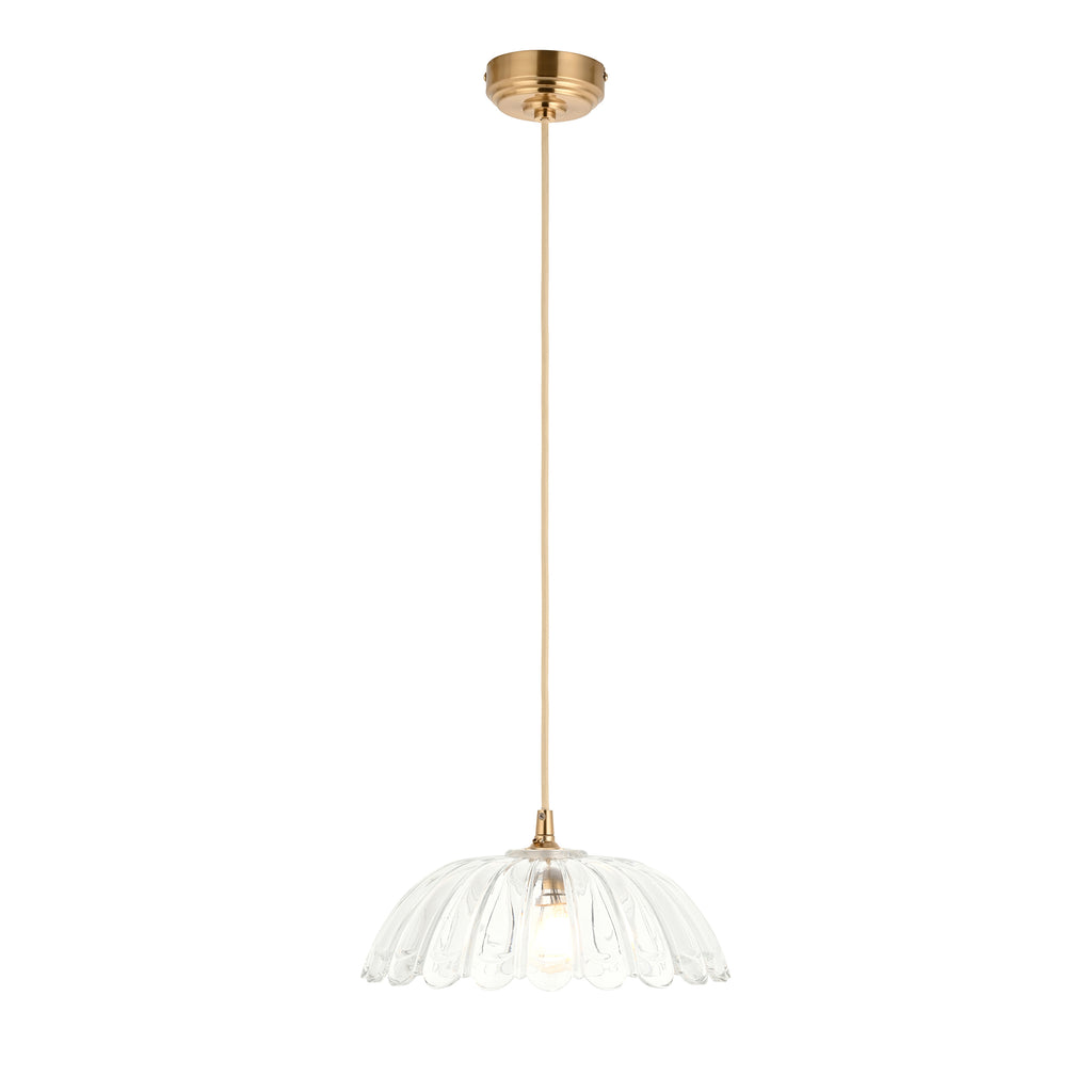 Endon Eltham and Carnation Pendant Light in Brushed Aged Brass with Clear Glass Shade