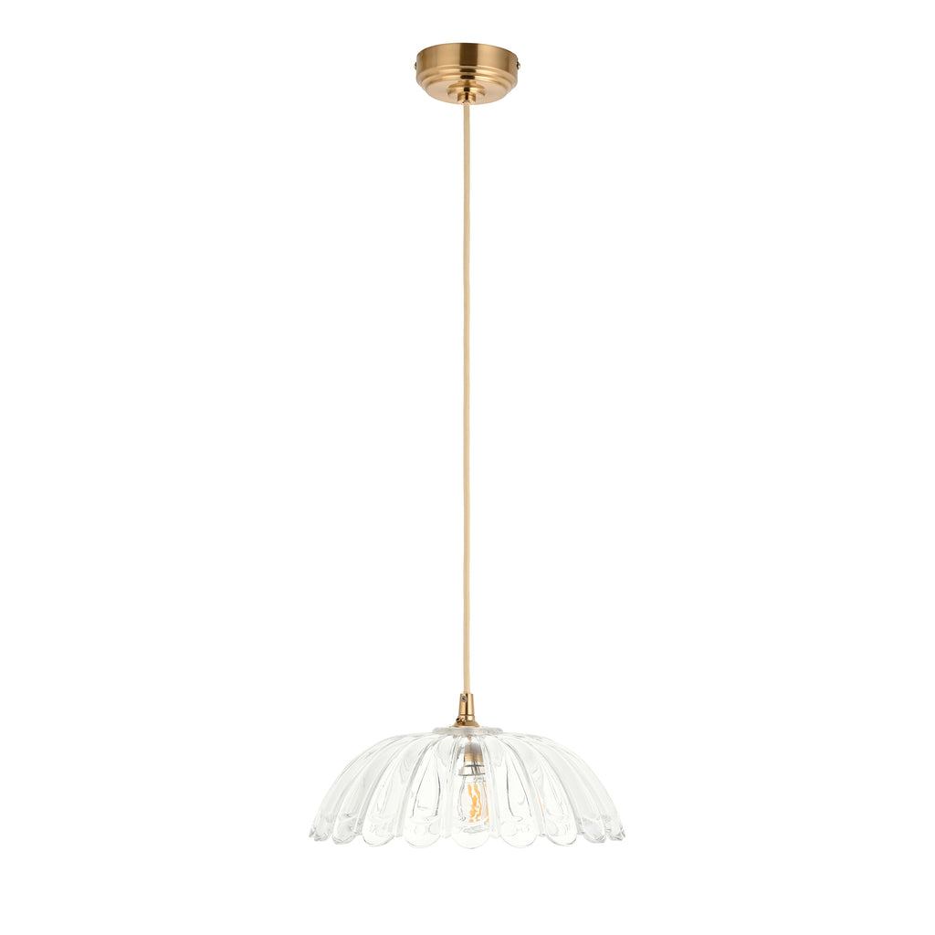 Endon Eltham and Carnation Pendant Light in Brushed Aged Brass with Clear Glass Shade