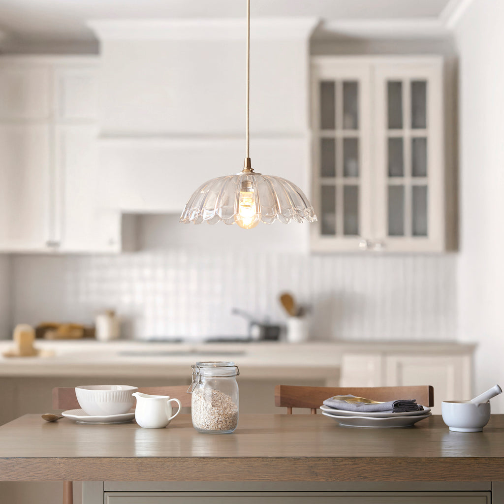 Endon Eltham and Carnation Pendant Light in Brushed Aged Brass with Clear Glass Shade