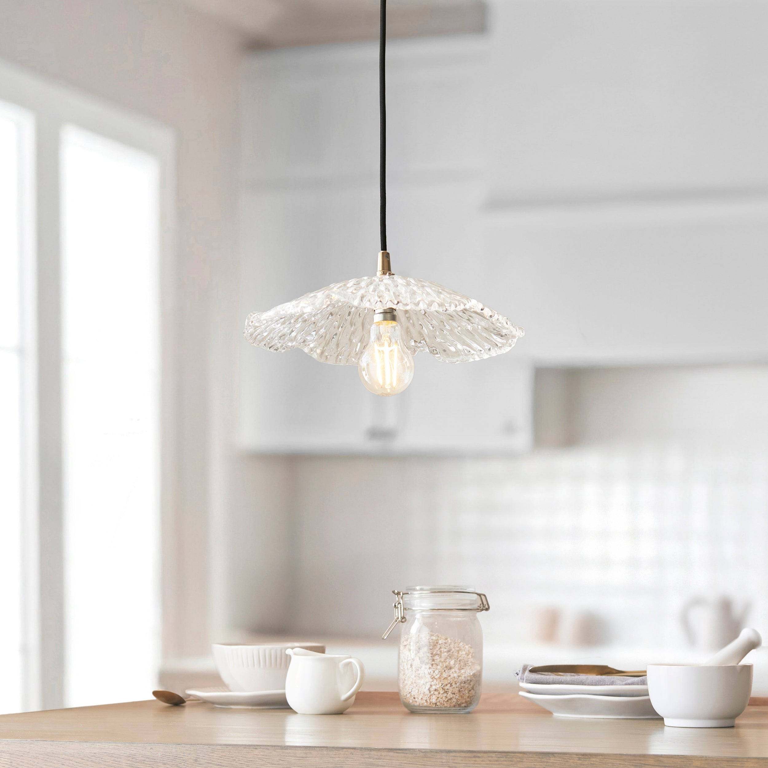Endon Eltham and Orchid Pendant Light Clear Glass and Brushed Aged Brass With Black Braided Cable
