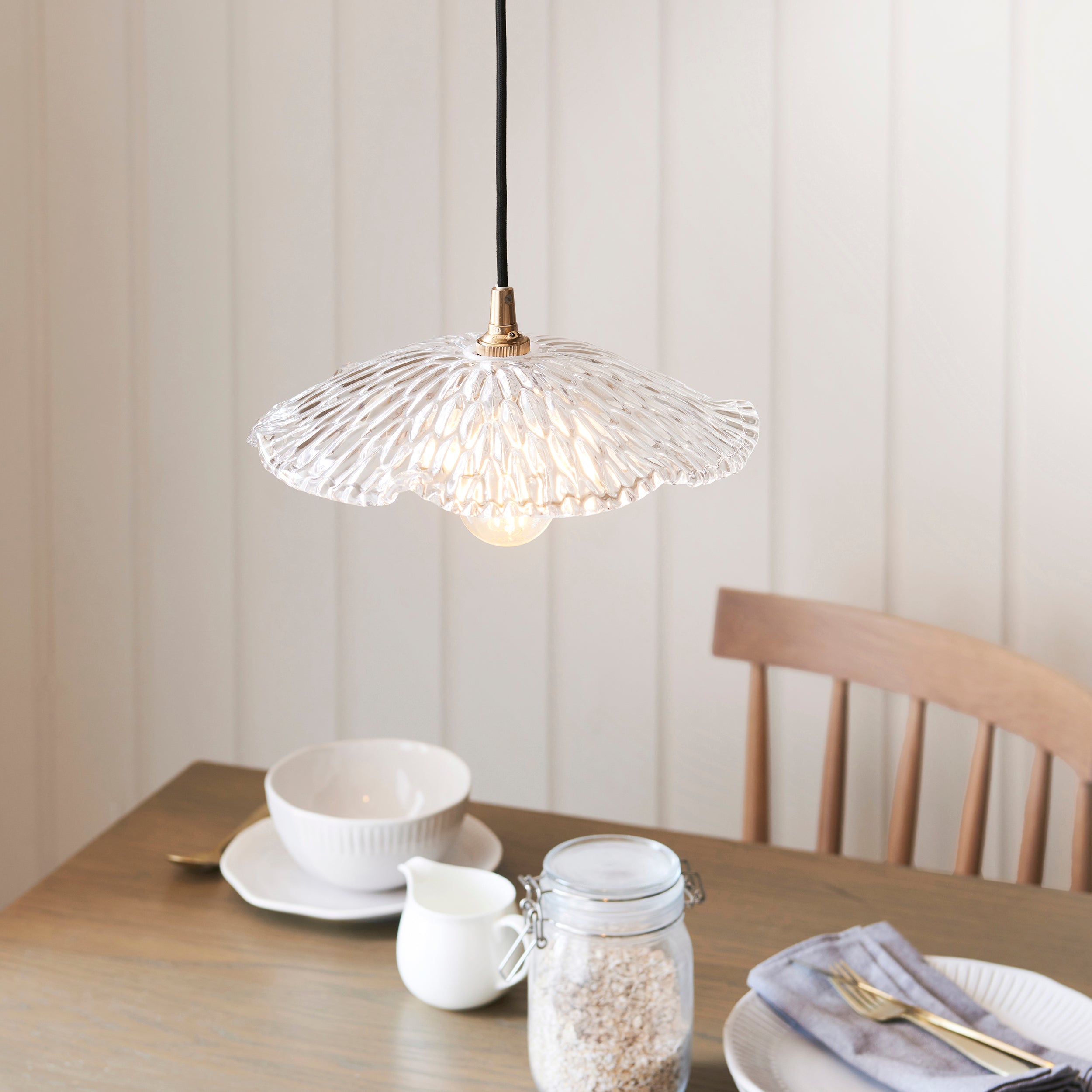 Endon Eltham and Orchid Pendant Light Clear Glass and Brushed Aged Brass With Black Braided Cable