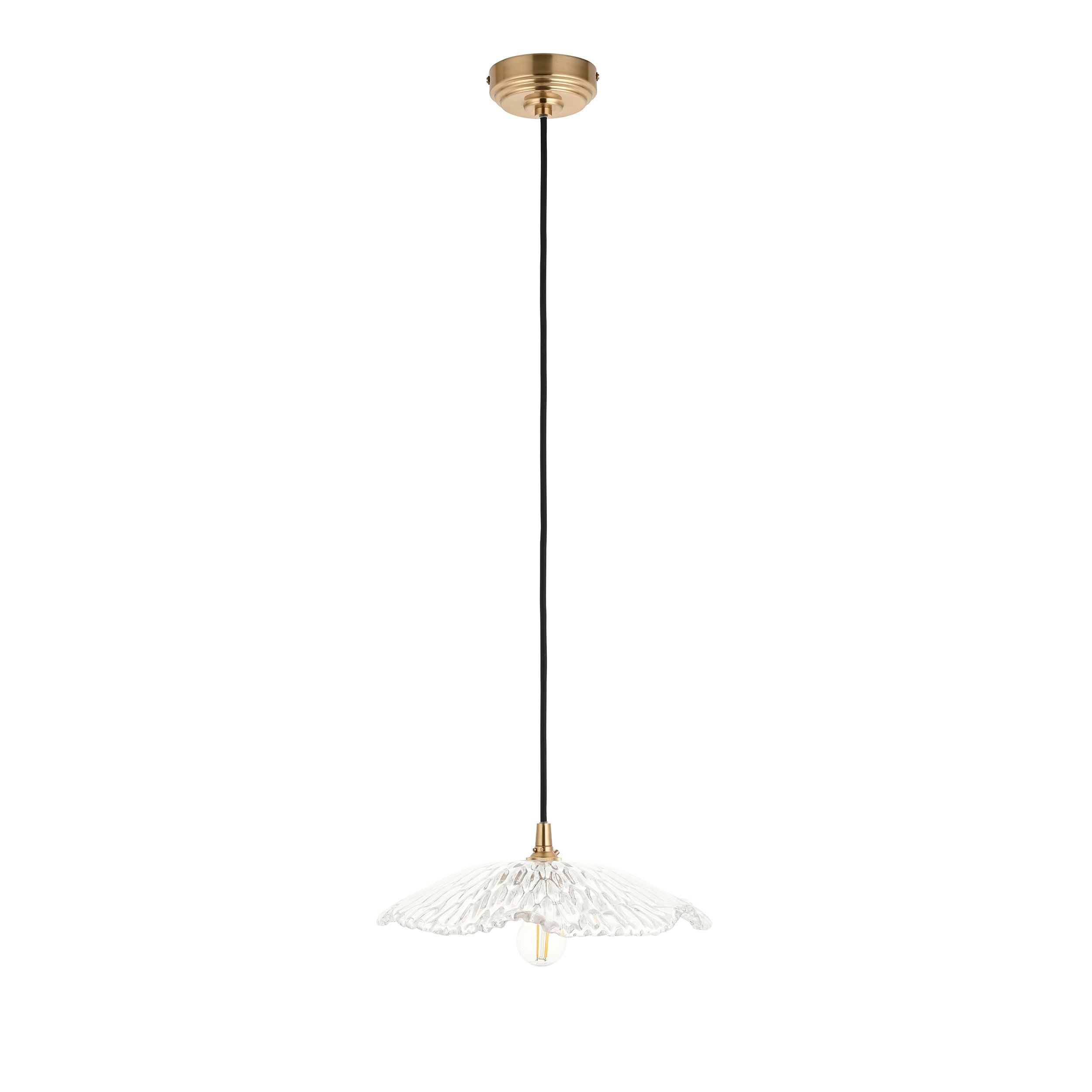 Endon Eltham and Orchid Pendant Light Clear Glass and Brushed Aged Brass With Black Braided Cable