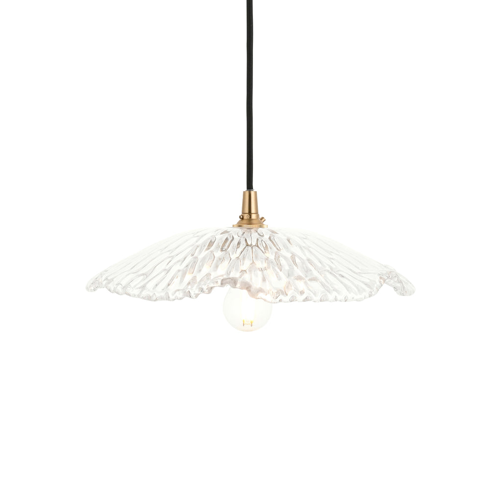 Endon Eltham and Orchid Pendant Light Clear Glass and Brushed Aged Brass With Black Braided Cable