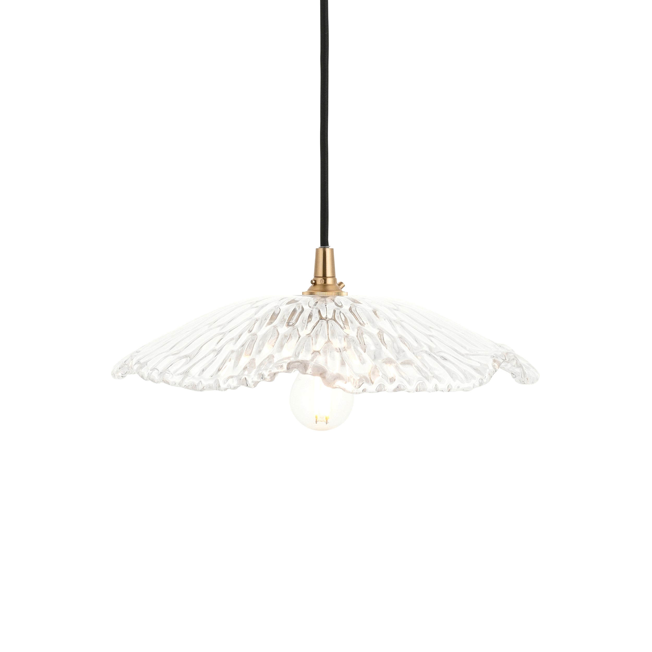 Endon Eltham and Orchid Pendant Light Clear Glass and Brushed Aged Brass With Black Braided Cable