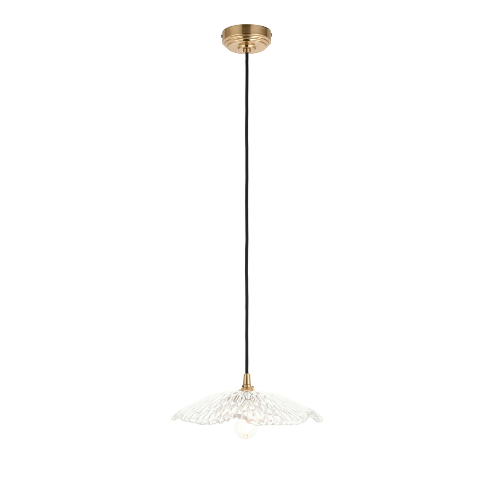 Endon Eltham and Orchid Pendant Light Clear Glass and Brushed Aged Brass With Black Braided Cable