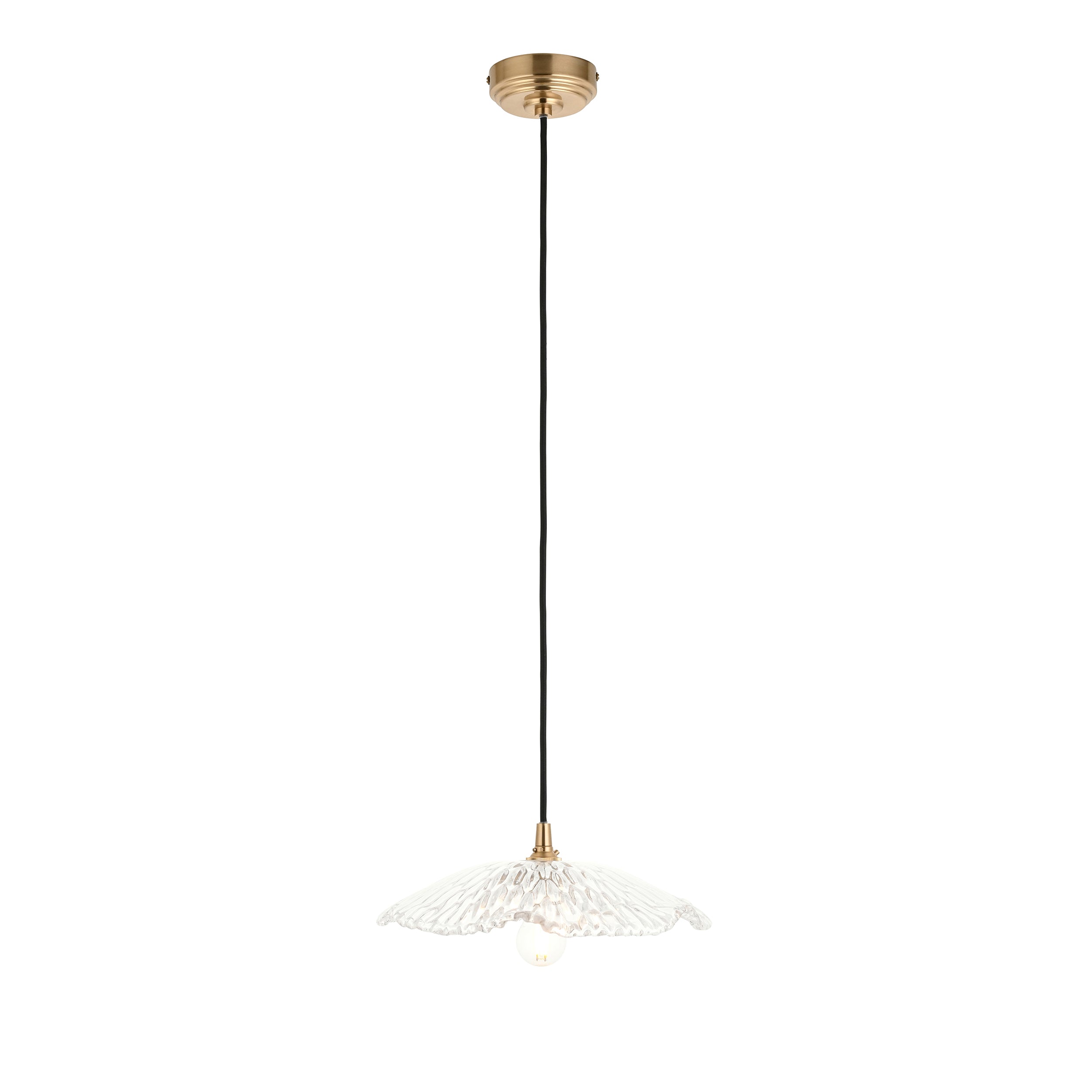 Endon Eltham and Orchid Pendant Light Clear Glass and Brushed Aged Brass With Black Braided Cable