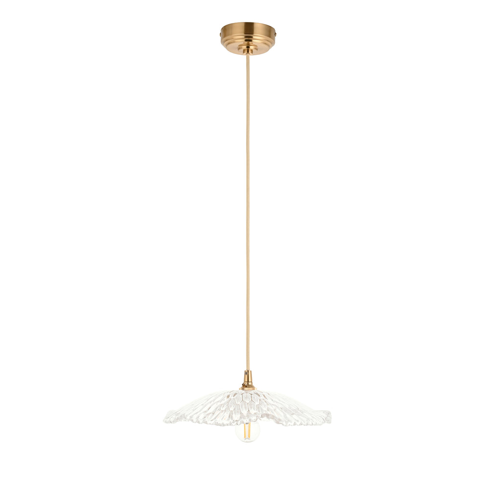 Endon Eltham and Orchid Pendant Light in Brushed Aged Brass with Clear Glass Shade