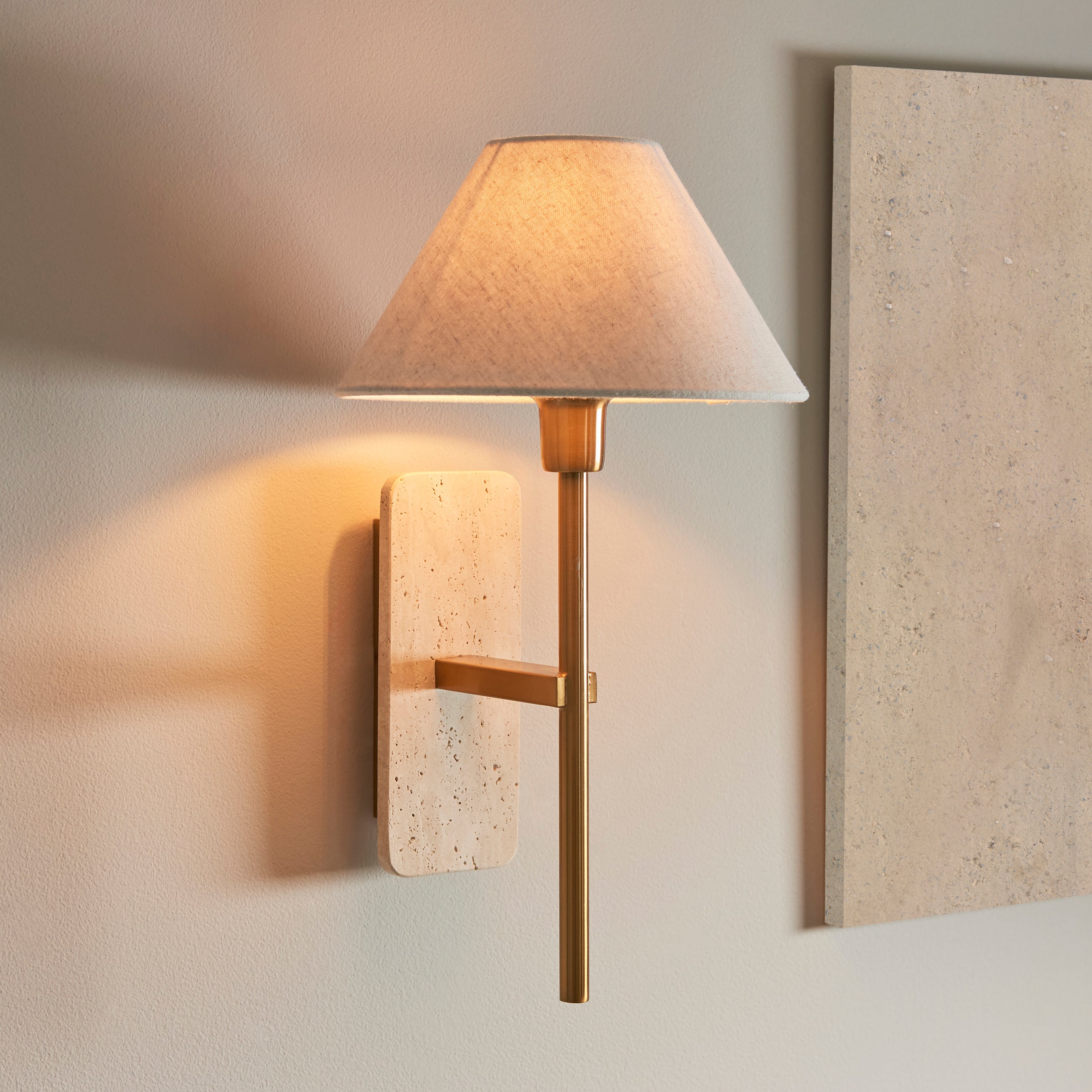 Endon Faro Wall Light in  Natural Travertine and Vintage Brass With Natural Linen