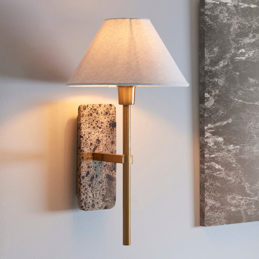 Endon Faro Wall Light in Vintage Brass With Natural Linen