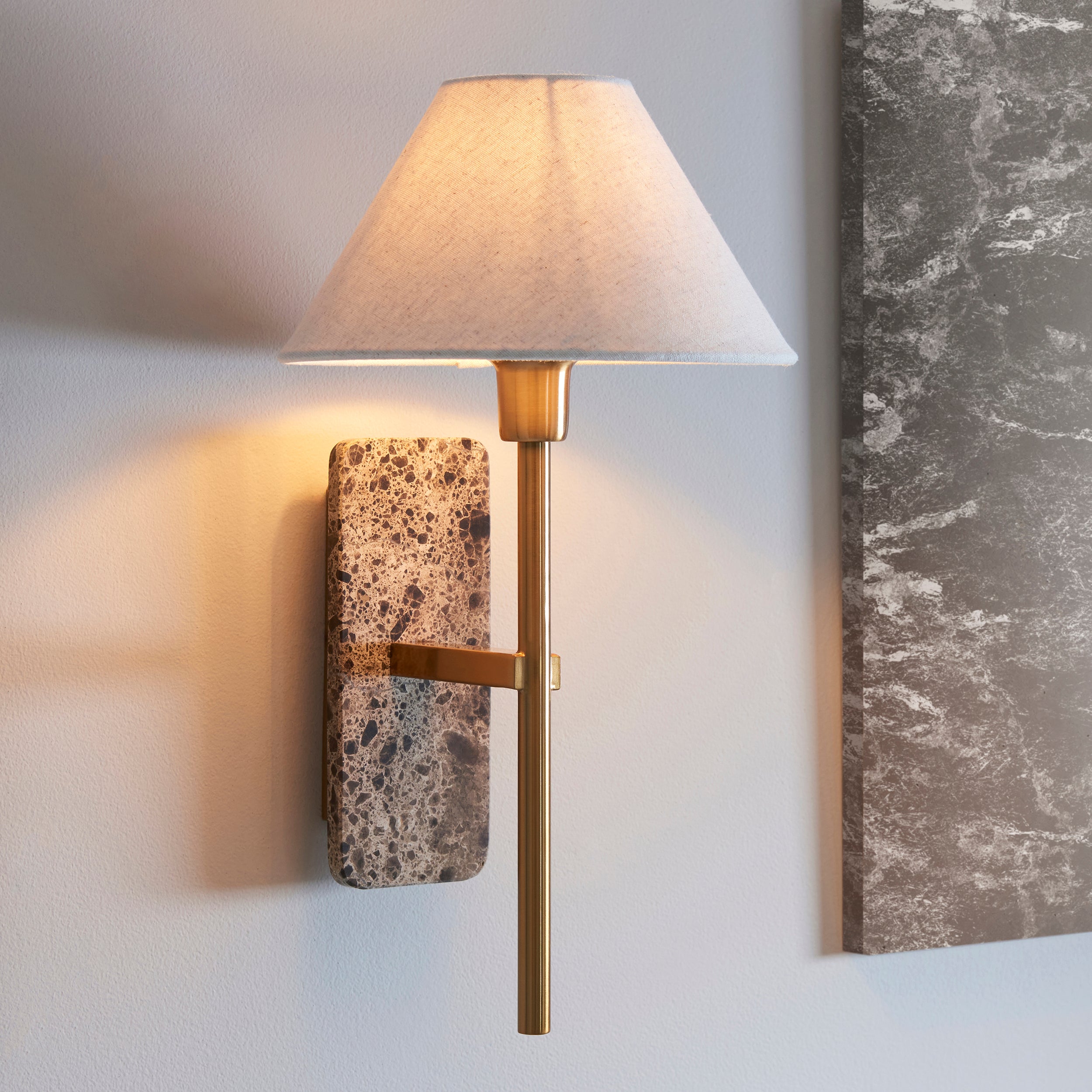 Endon Faro Wall Light in Vintage Brass With Natural Linen