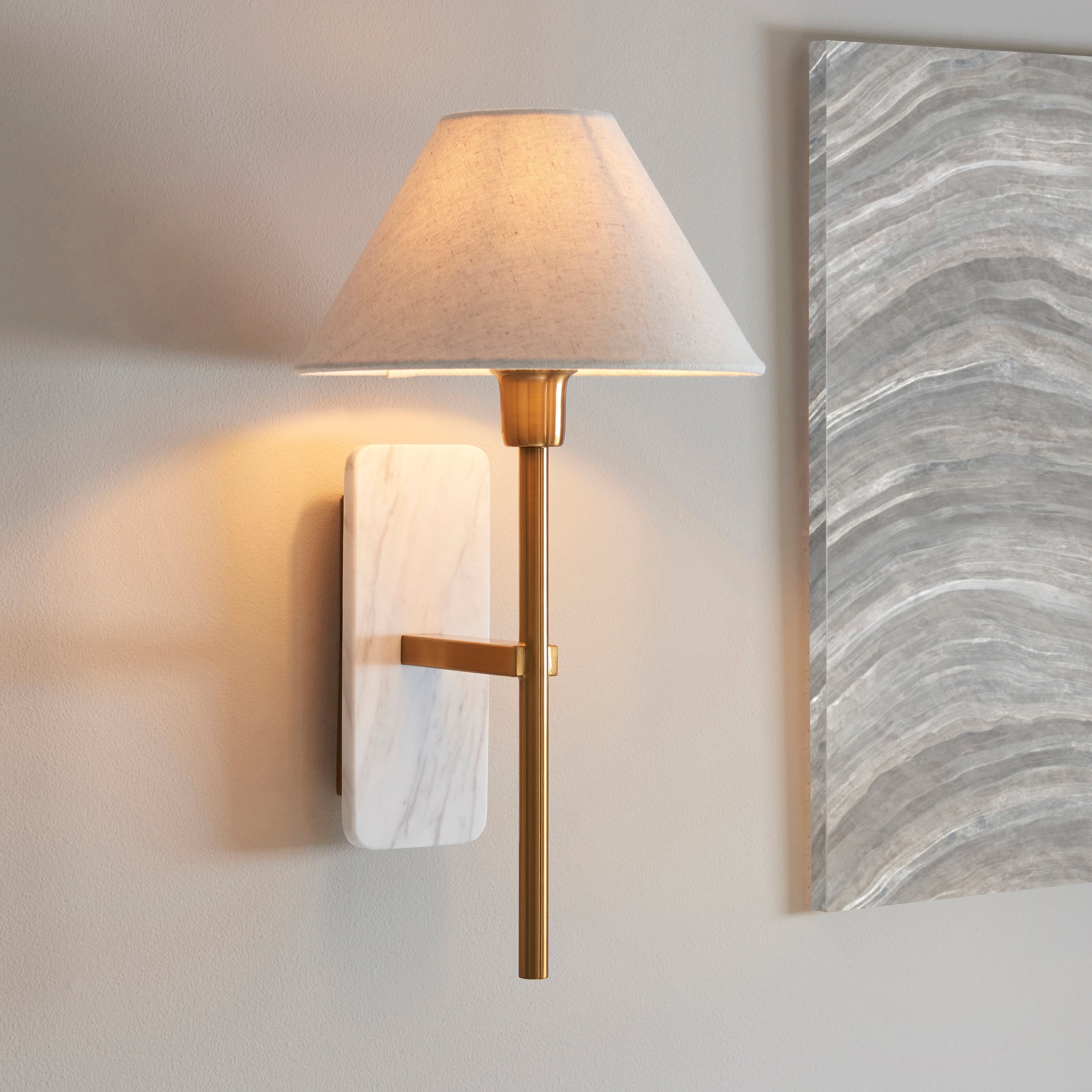 Endon Faro Wall Light in White Volakas Marble and Vintage Brass With Natural Linen