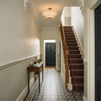 Endon Hayfield 3 Light Pendant in Brushed Bronze with Natural Linen lit in a Victorian hallway with an encaustic tiled floor