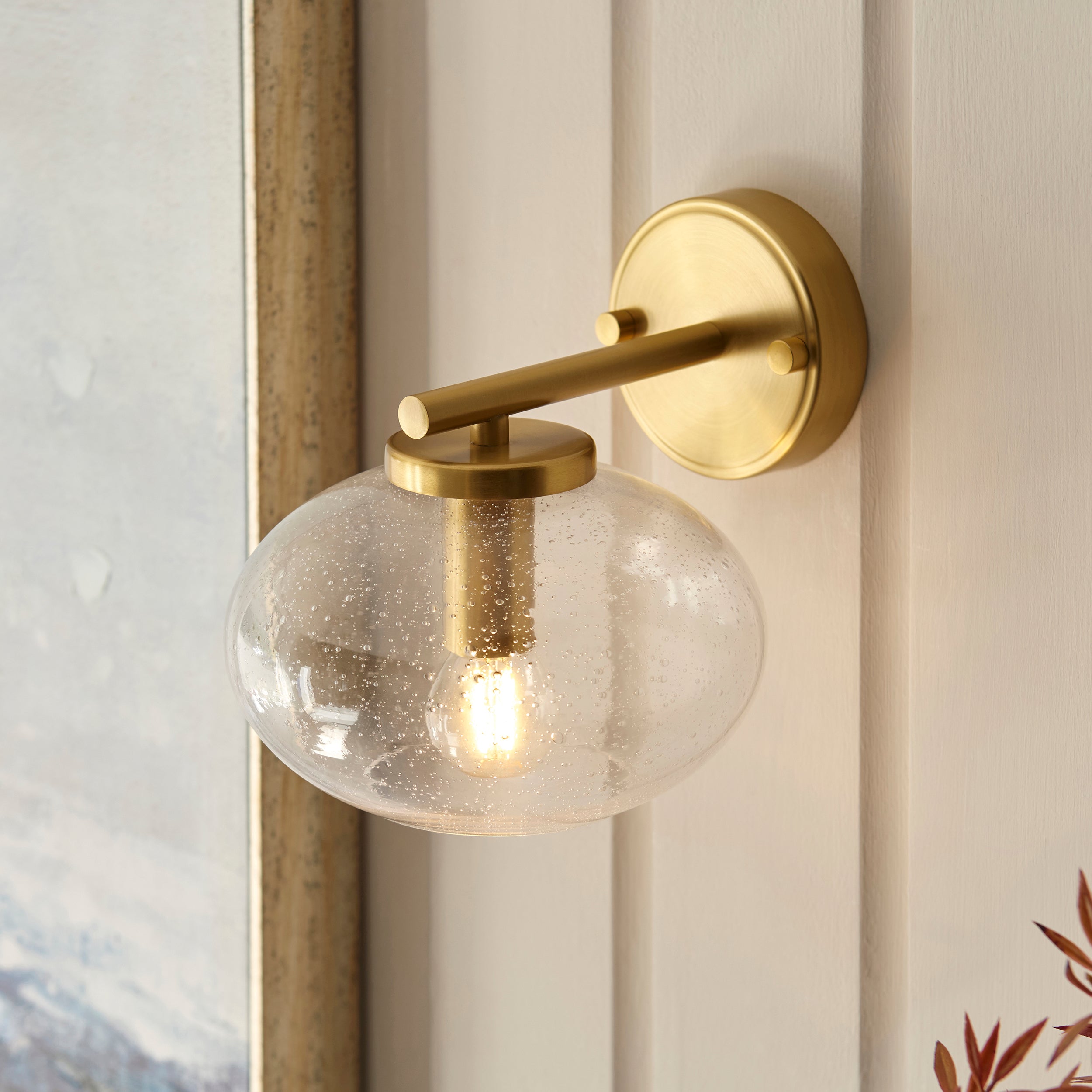 Endon Jacob Semi Flush Ceiling Light Warm Brass and Clear Bubble Glass Shade
