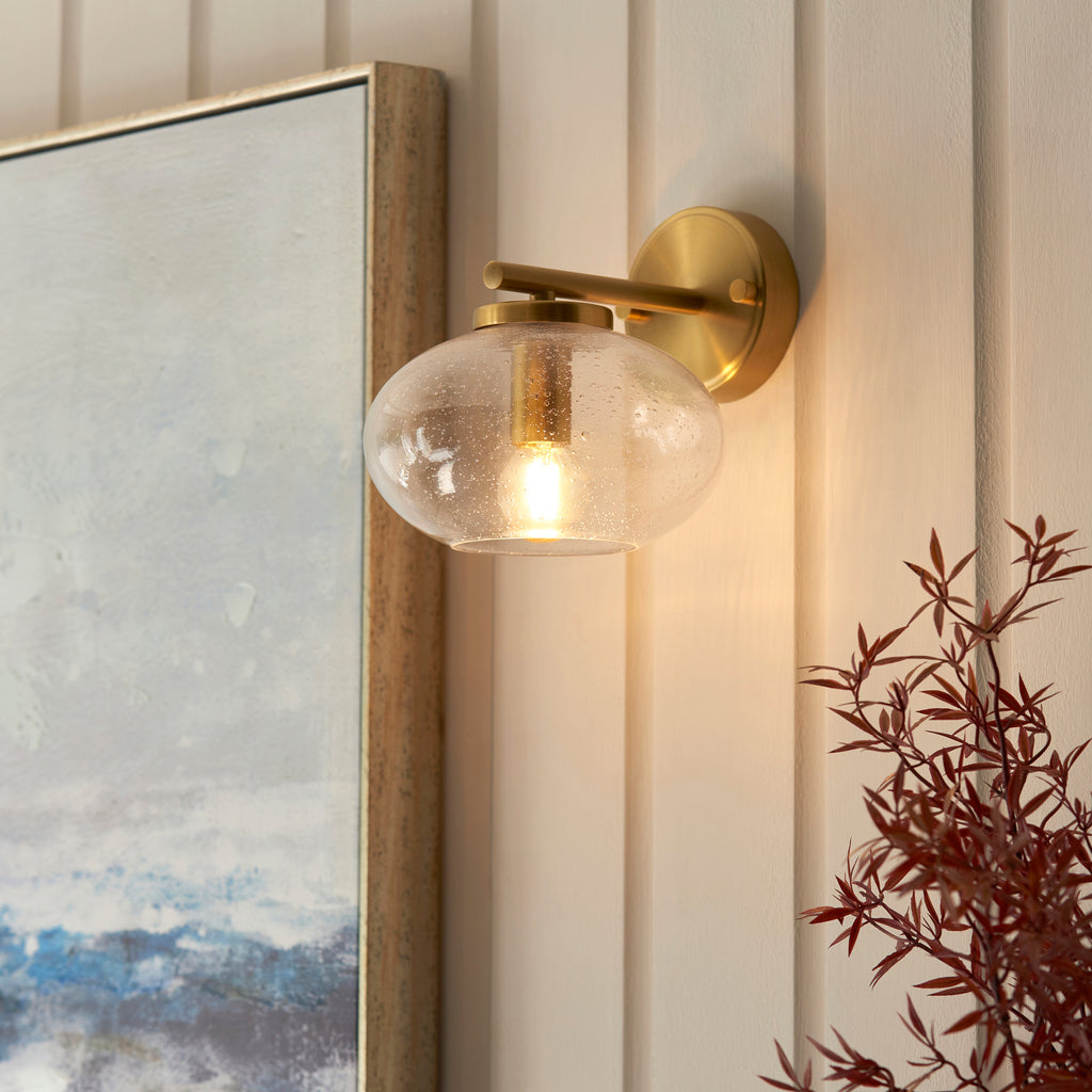 Endon Jacob Semi Flush Ceiling Light Warm Brass and Clear Bubble Glass Shade