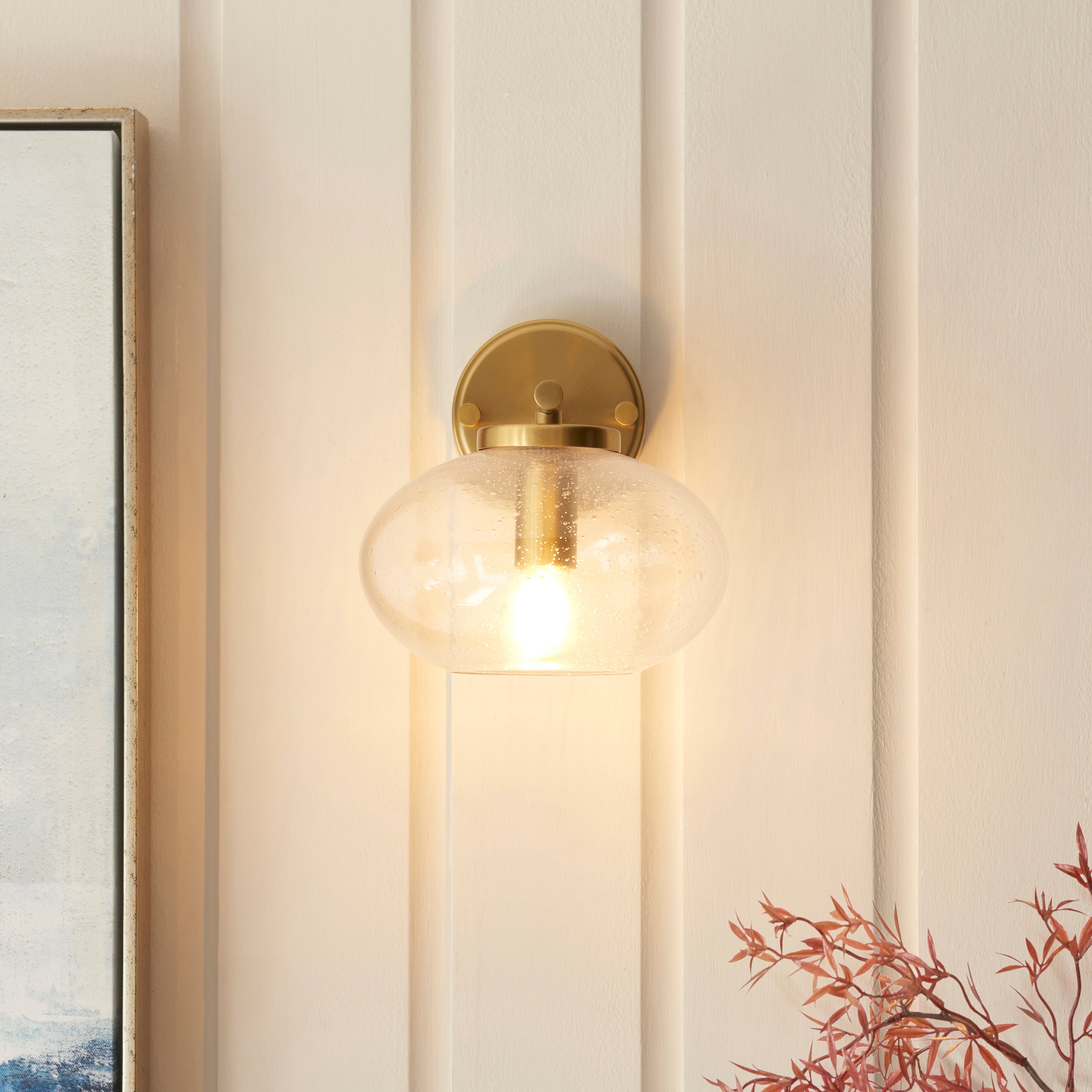 Endon Jacob Semi Flush Ceiling Light Warm Brass and Clear Bubble Glass Shade