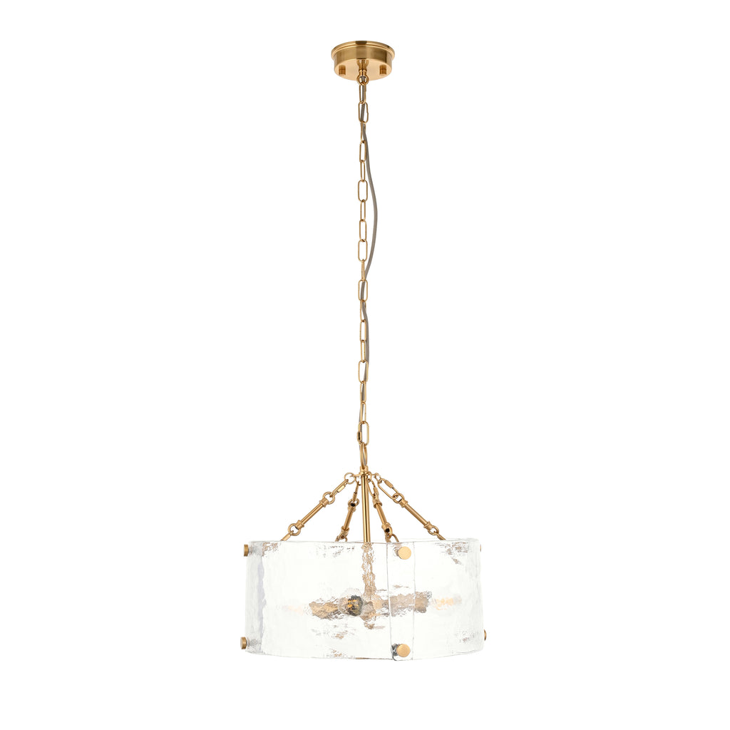 Endon Keller 4 Light Pendant in Brushed Aged Brass and Handmade Textured Clear Glass Shade