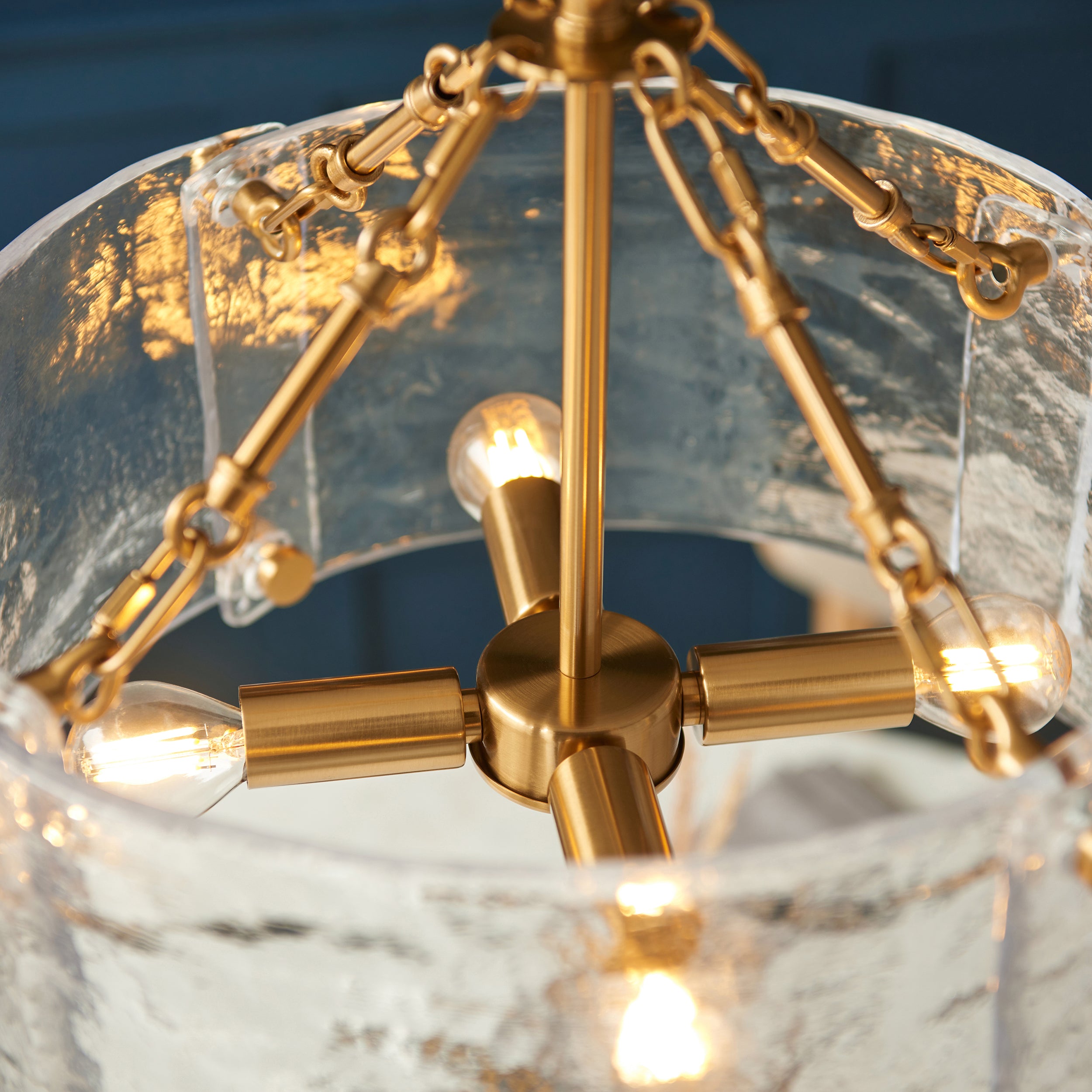 Endon Keller 4 Light Pendant in Brushed Aged Brass and Handmade Textured Clear Glass Shade