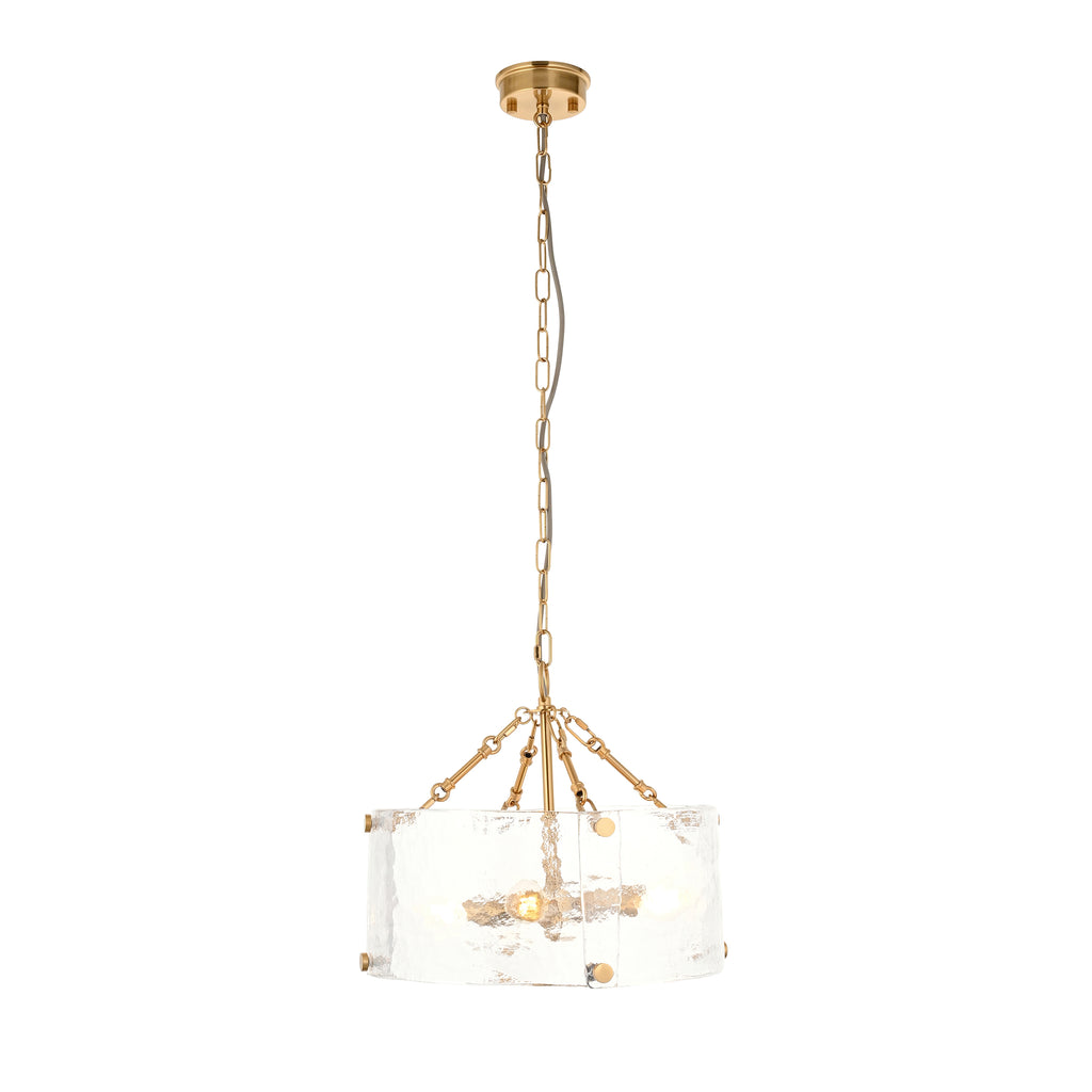Endon Keller 4 Light Pendant in Brushed Aged Brass and Handmade Textured Clear Glass Shade