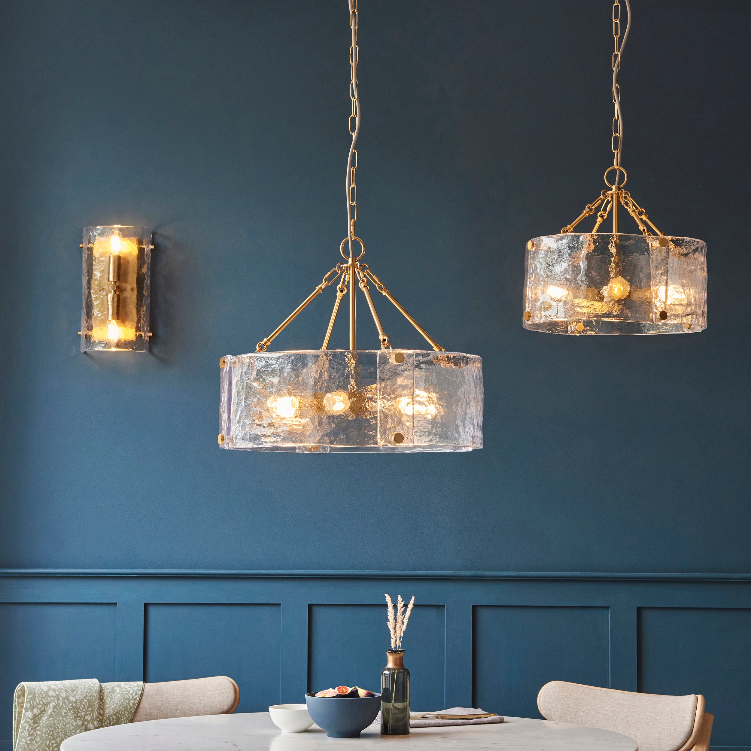 Endon Keller 4 Light Pendant in Brushed Aged Brass and Handmade Textured Clear Glass Shade