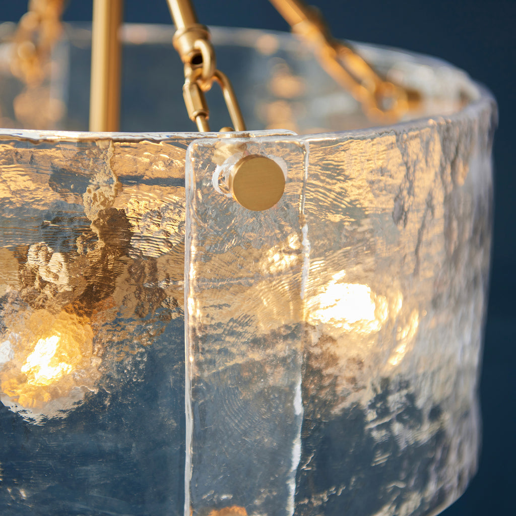 Endon Keller 4 Light Pendant in Brushed Aged Brass and Handmade Textured Clear Glass Shade