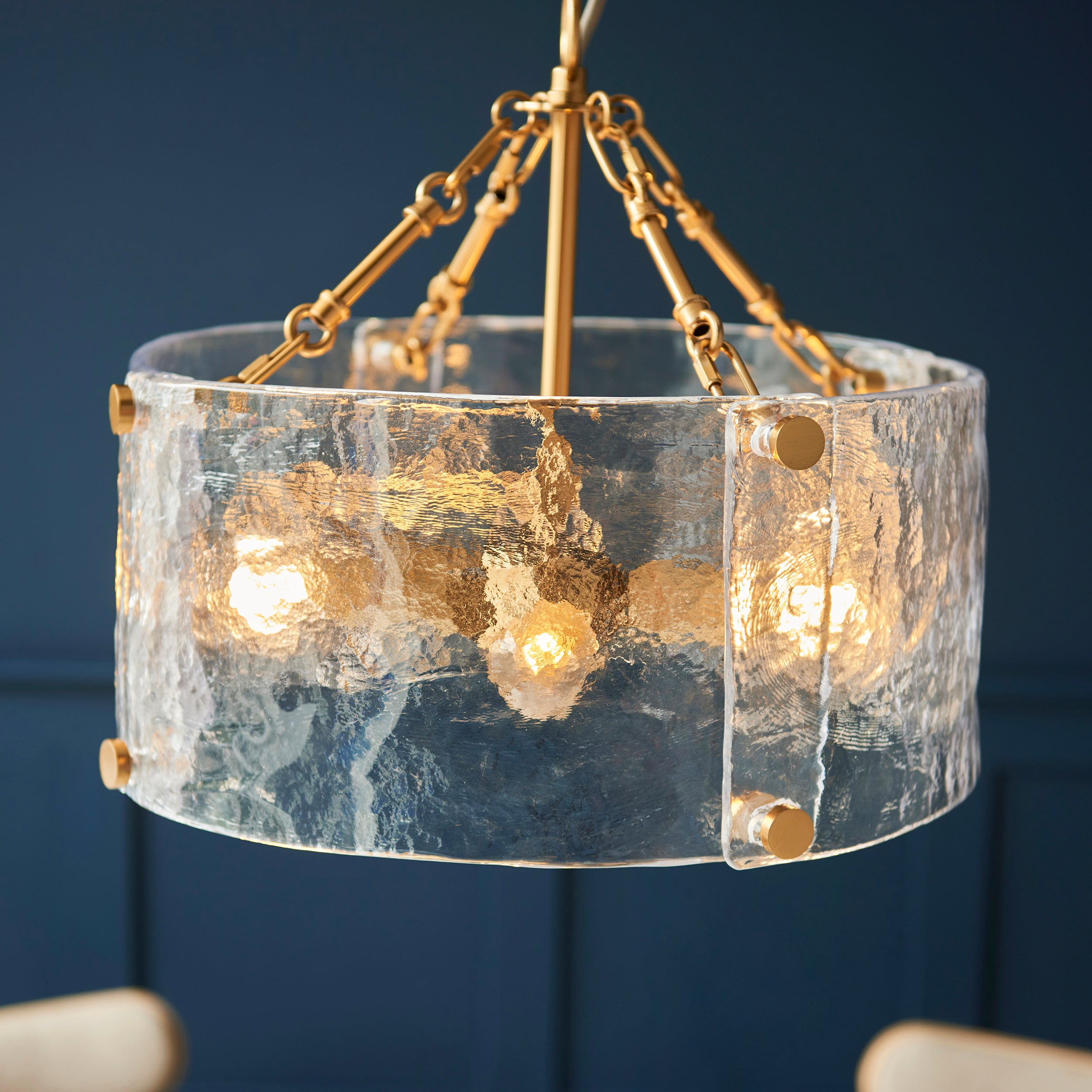 Endon Keller 4 Light Pendant in Brushed Aged Brass and Handmade Textured Clear Glass Shade