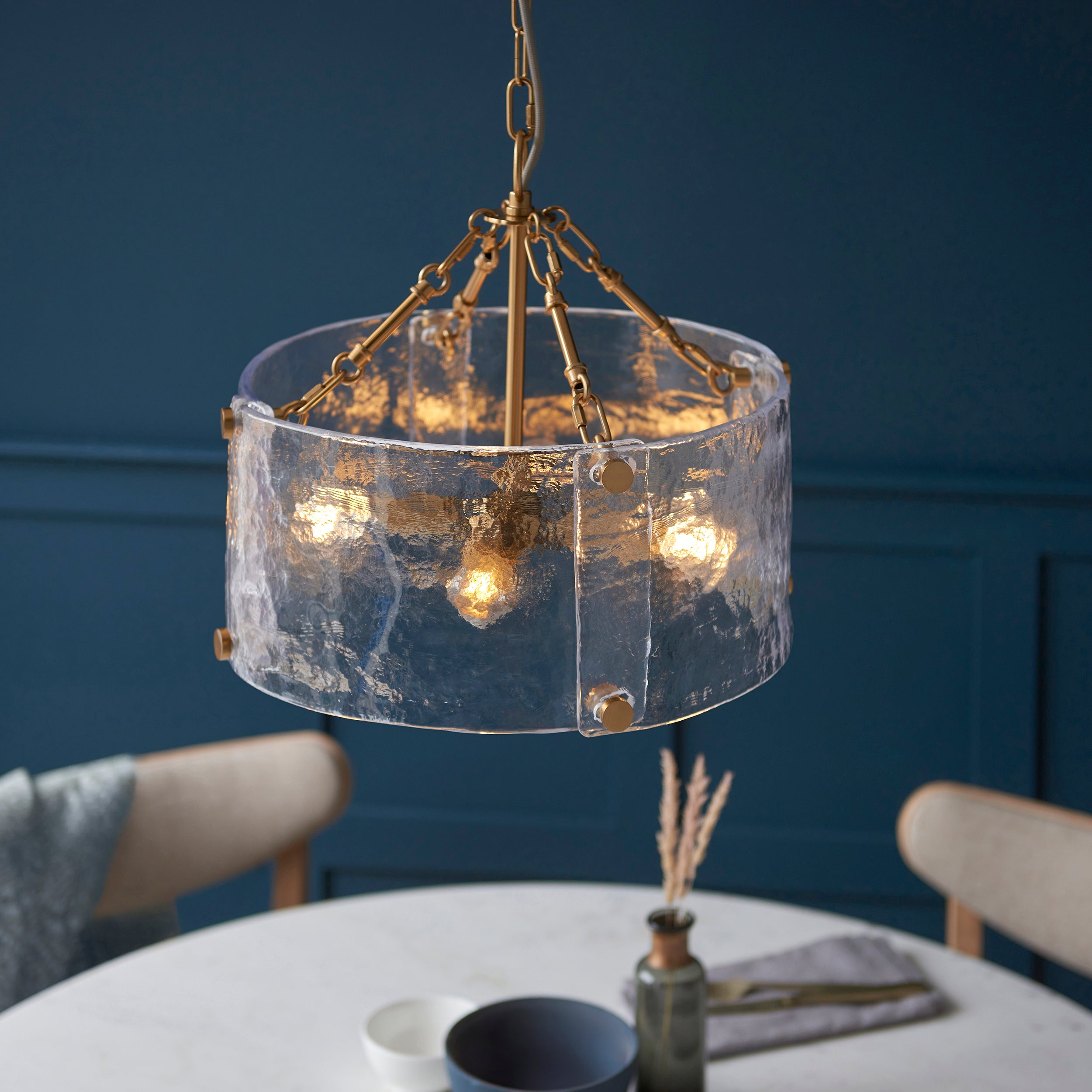 Endon Keller 4 Light Pendant in Brushed Aged Brass and Handmade Textured Clear Glass Shade