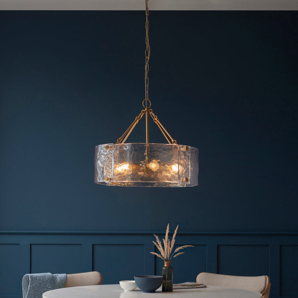 Endon Keller 6 Light Pendant in Brushed Aged Brass and Handmade Textured Clear Glass Shade
