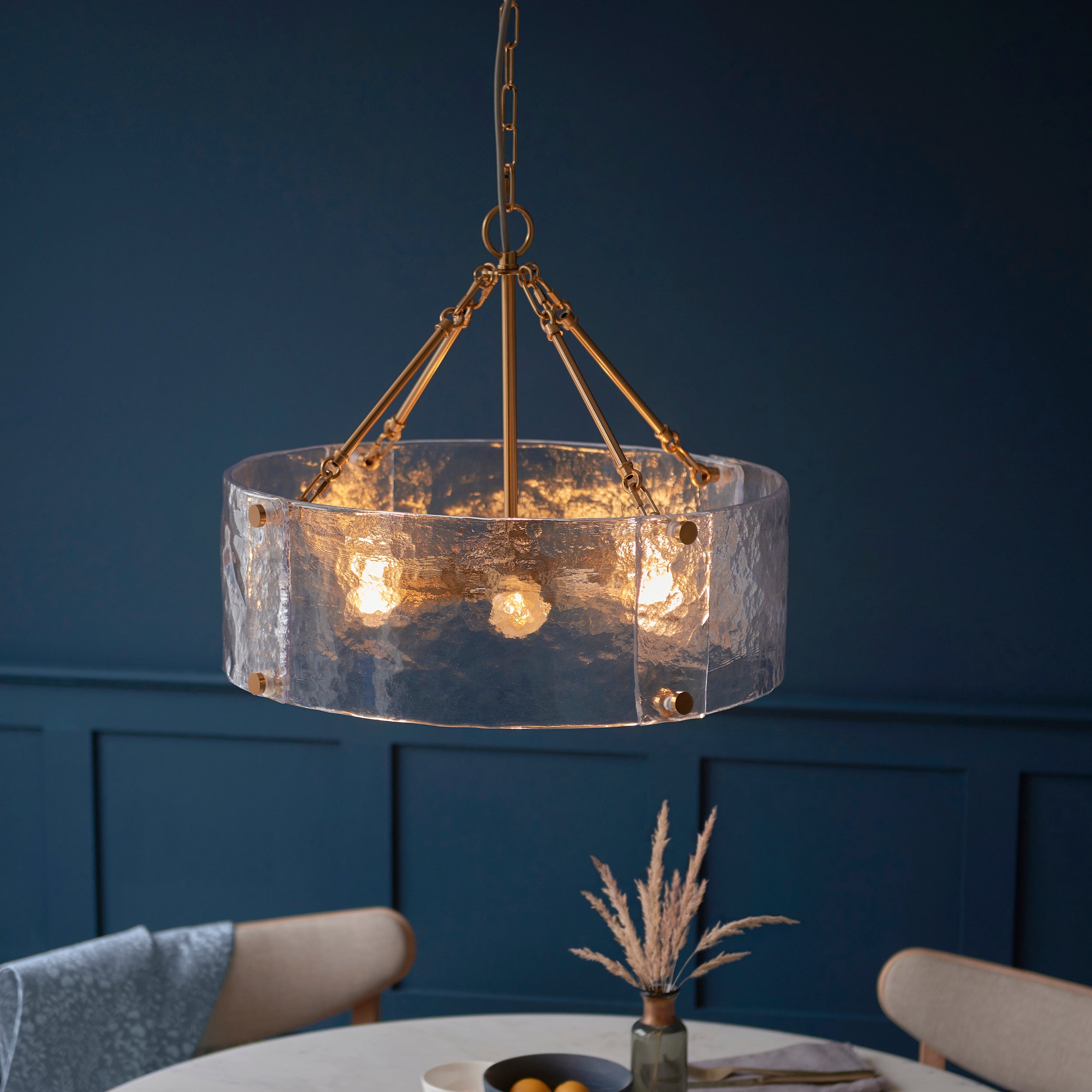 Endon Keller 6 Light Pendant in Brushed Aged Brass and Handmade Textured Clear Glass Shade
