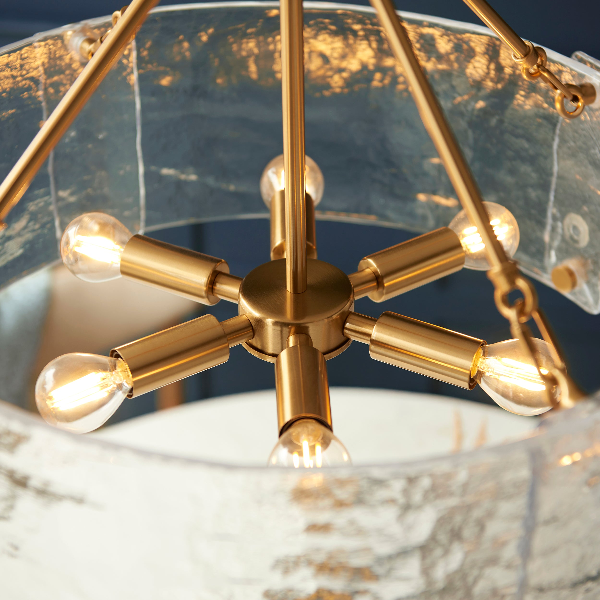 Endon Keller 6 Light Pendant in Brushed Aged Brass and Handmade Textured Clear Glass Shade