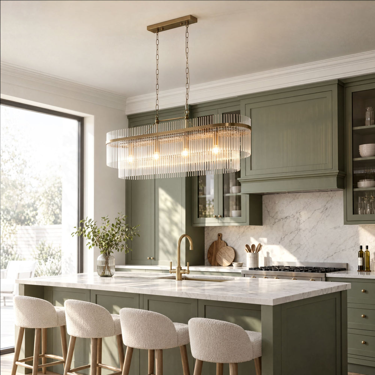 Marietta 4 light linear pendant in antique brass over a marble kitchen island with sage green shaker cabinets