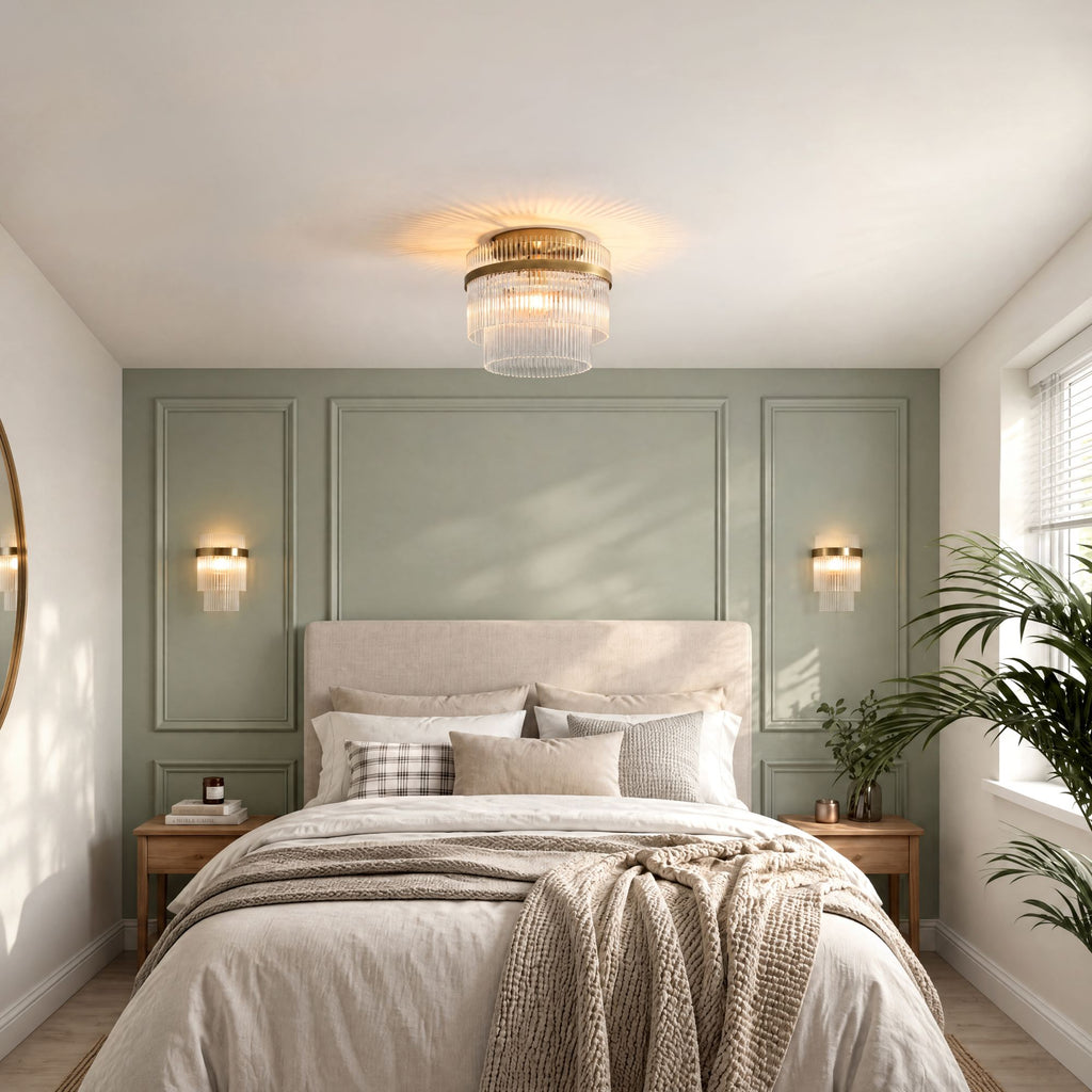 Marietta flush ceiling light in antique brass with a pair of Marietta wall lights above the bed, in a sage panelled bedroom