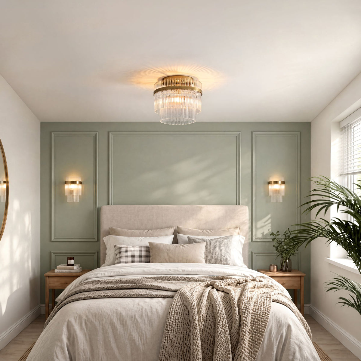 Marietta flush ceiling light in antique brass with a pair of Marietta wall lights above the bed, in a sage panelled bedroom