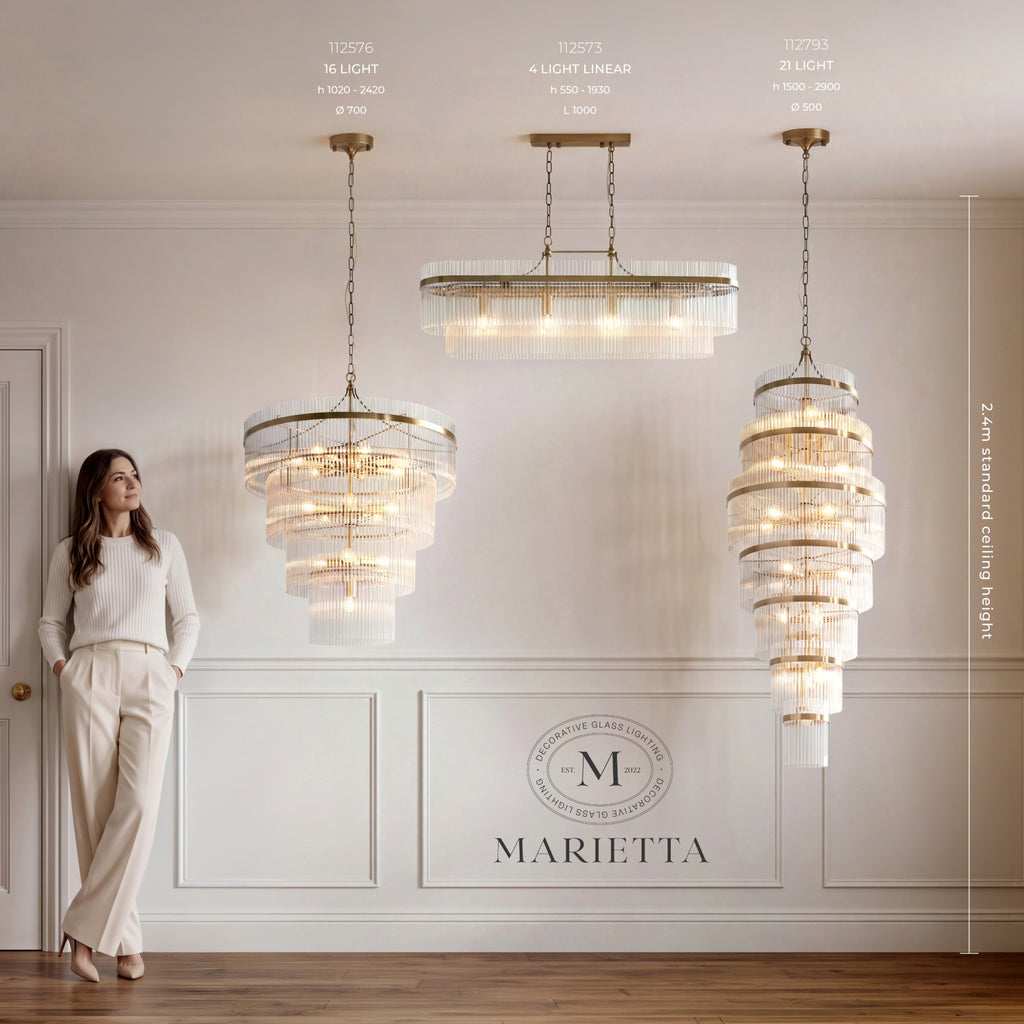 Marietta 16 light, 4 light linear and Grand 21 light shown to scale beside a person, against a standard 2.4m ceiling height