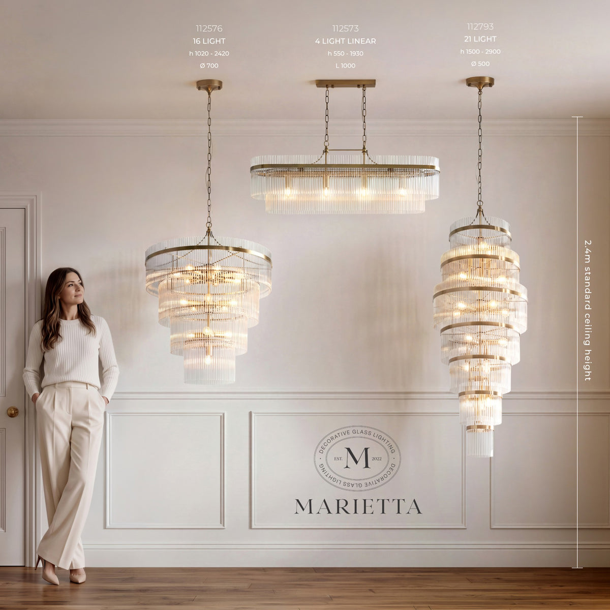 Marietta 16 light, 4 light linear and Grand 21 light shown to scale beside a person, against a standard 2.4m ceiling height
