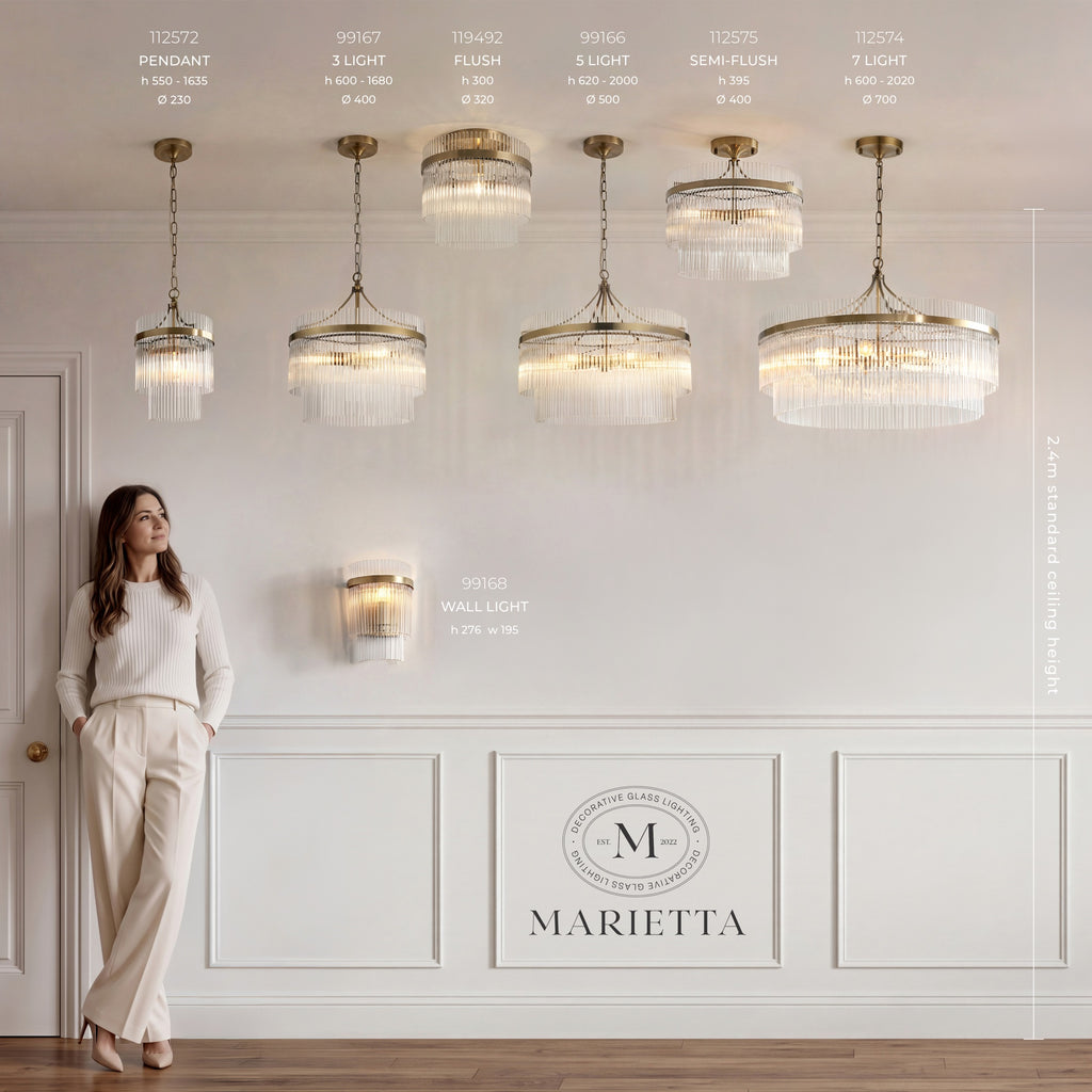 Marietta pendant, 3 light, flush, 5 light, semi flush, Grand 7 light and wall light shown to scale beside a person, against a standard 2.4m ceiling height