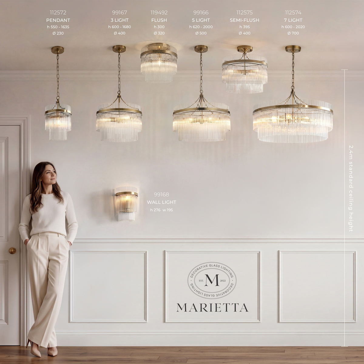 Marietta pendant, 3 light, flush, 5 light, semi flush, Grand 7 light and wall light shown to scale beside a person, against a standard 2.4m ceiling height