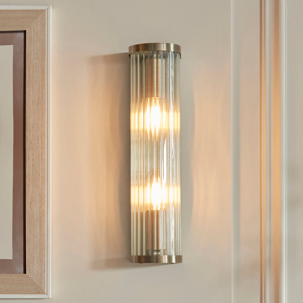 Endon Ridgeton 2 Light Wall Light in Antique Brass and Clear Ribbed Glass Shade