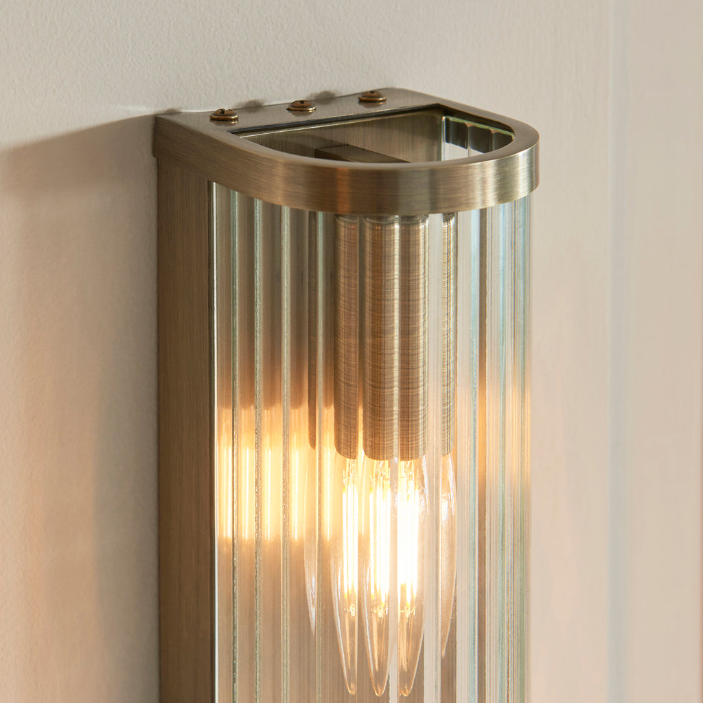 Endon Ridgeton 2 Light Wall Light in Antique Brass and Clear Ribbed Glass Shade