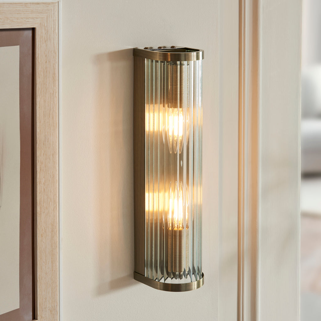 Endon Ridgeton 2 Light Wall Light in Antique Brass and Clear Ribbed Glass Shade