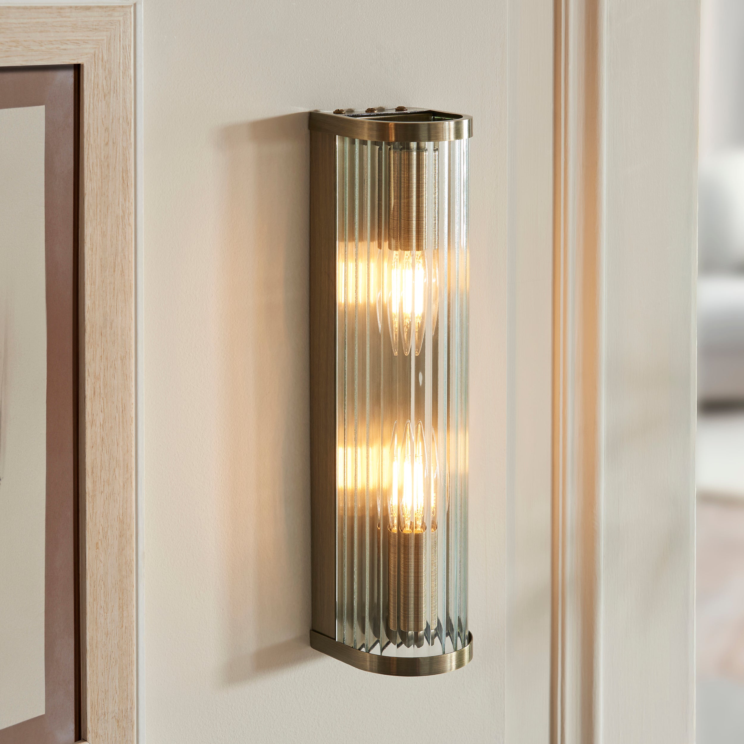 Endon Ridgeton 2 Light Wall Light in Antique Brass and Clear Ribbed Glass Shade