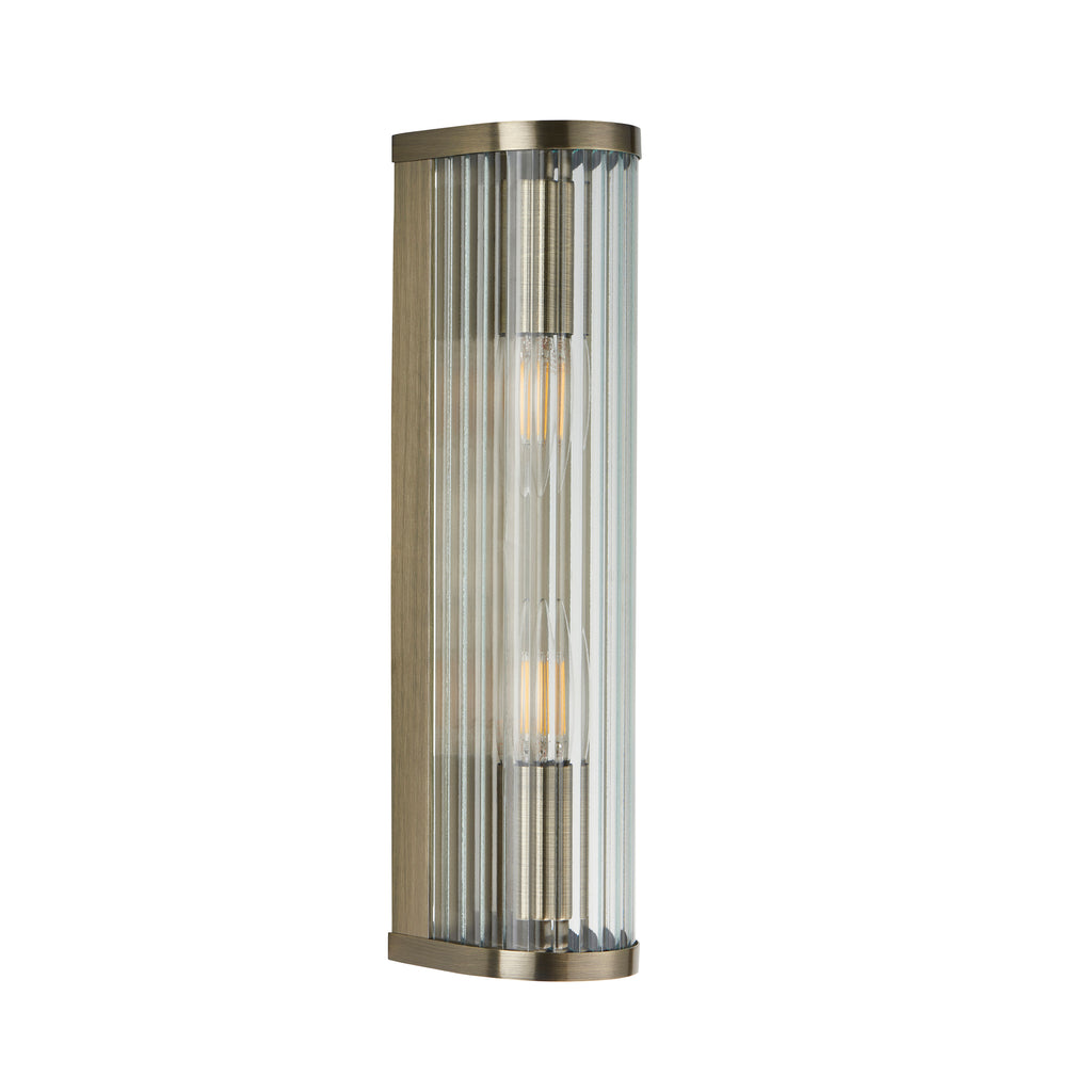 Endon Ridgeton 2 Light Wall Light in Antique Brass and Clear Ribbed Glass Shade